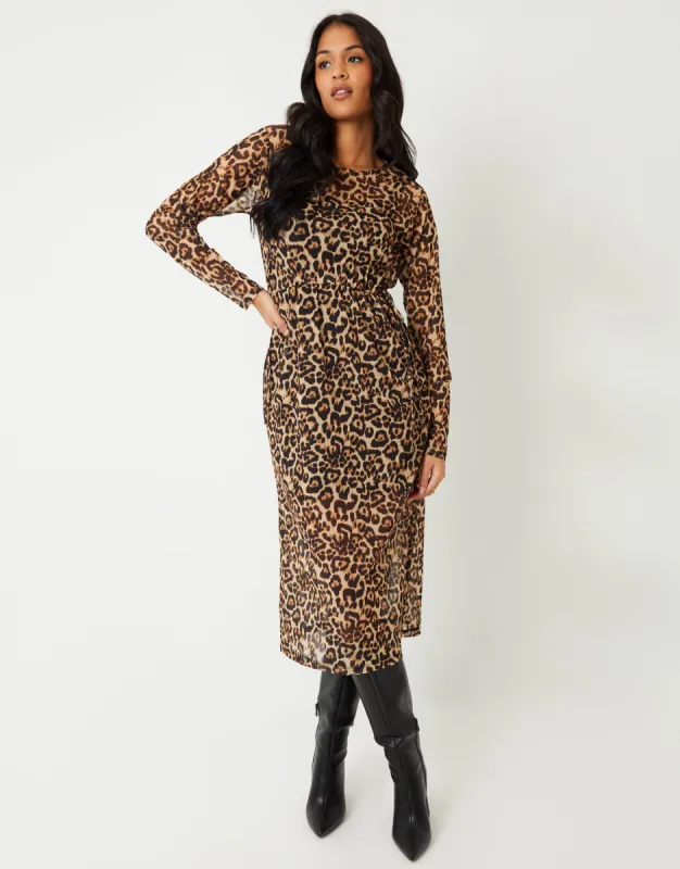 Women's Leopard Print Long Sleeve Sheer Maxi Dress sold by Threadbare