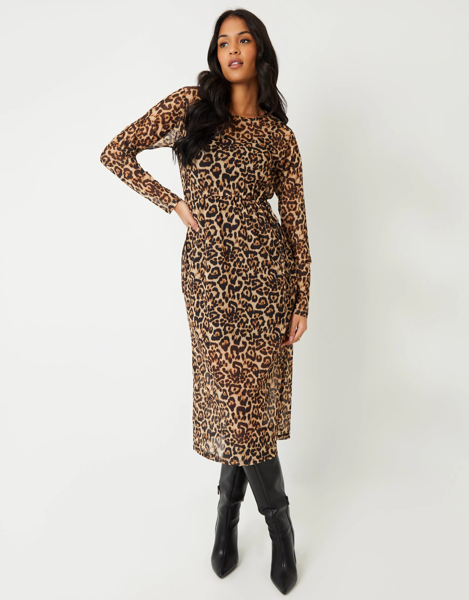 Women's Leopard Print Long Sleeve Sheer Maxi Dress sold by Threadbare