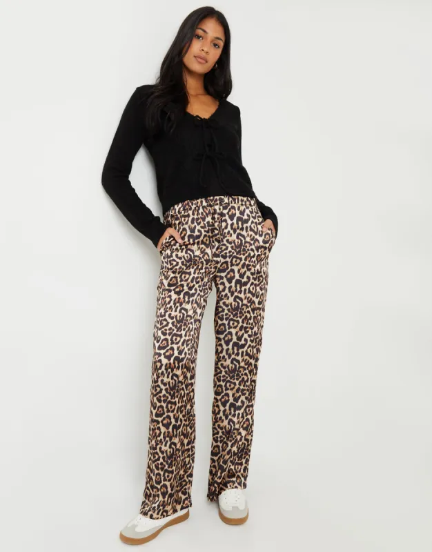 Women's Leopard Print Wide Leg Satin Trousers sold by Threadbare