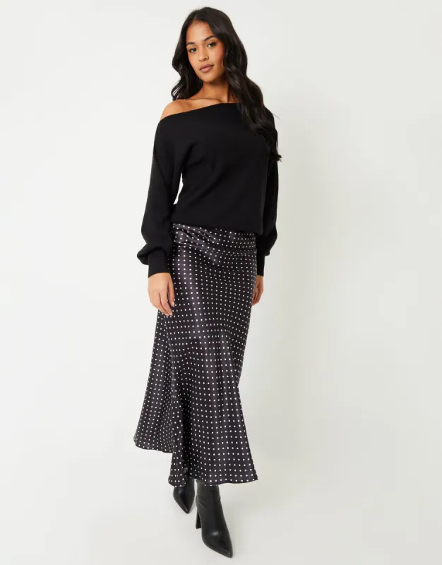 Women's Black Polka Dot Print Maxi Satin Slip Skirt sold by Threadbare