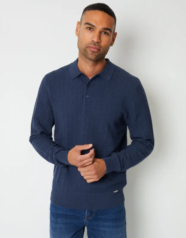 Threadbare Men's Denim Blue Long Sleeve Textured Knitted Polo Jumper sold by Threadbare
