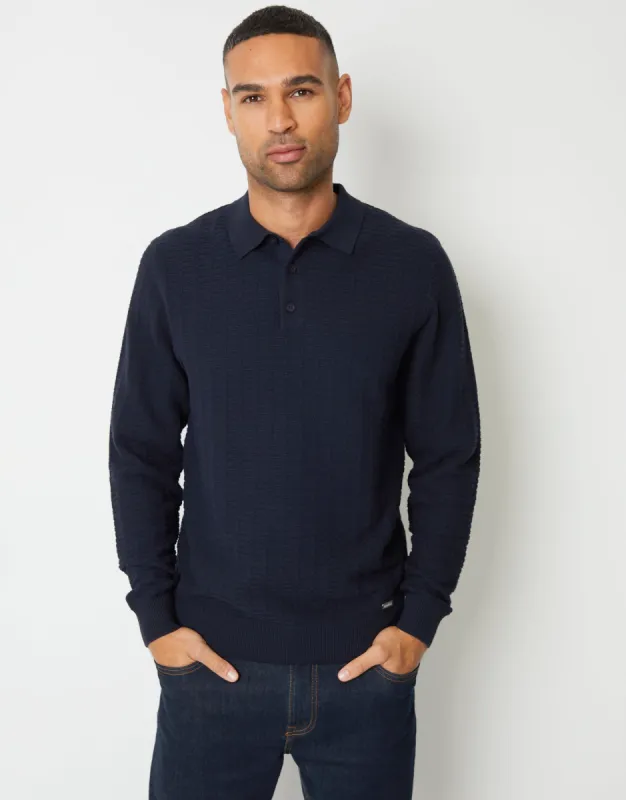 Navy Long Sleeve Textured Knitted Polo Jumper sold by Threadbare
