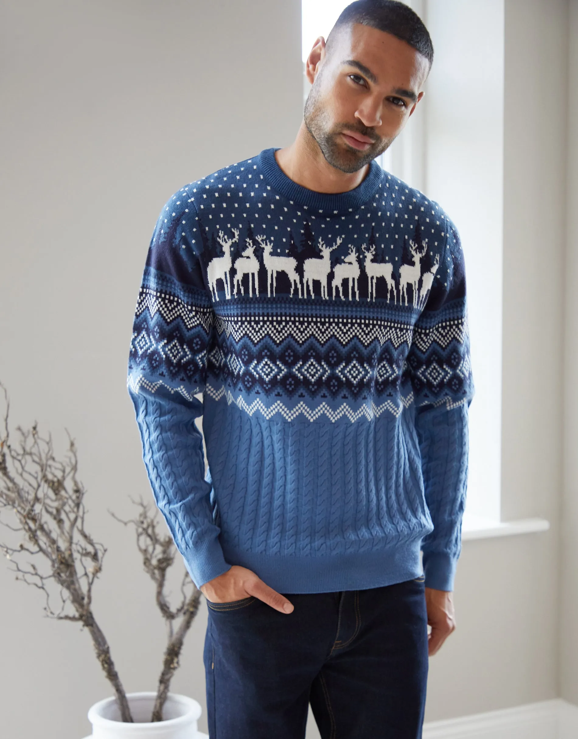 Threadbare Men's Blue Cable Knit Fairisle Crew Neck Christmas Jumper sold by Threadbare