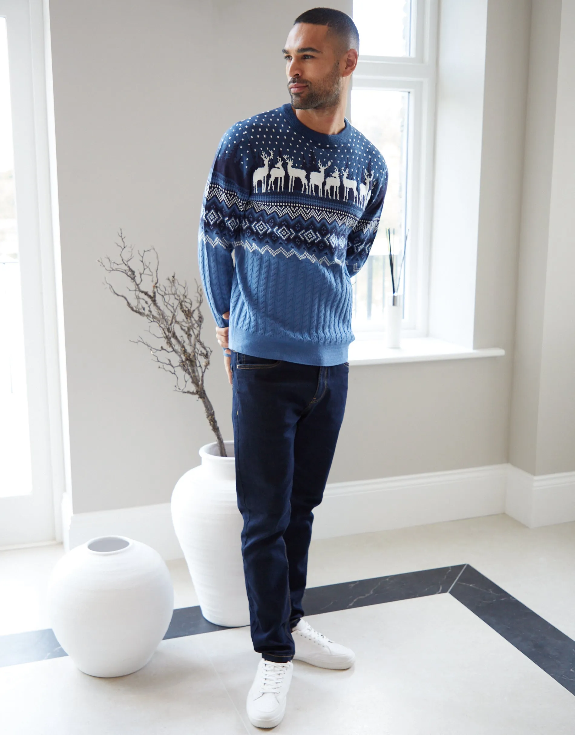 Threadbare Men's Blue Cable Knit Fairisle Crew Neck Christmas Jumper sold by Threadbare product image thumbnail 3