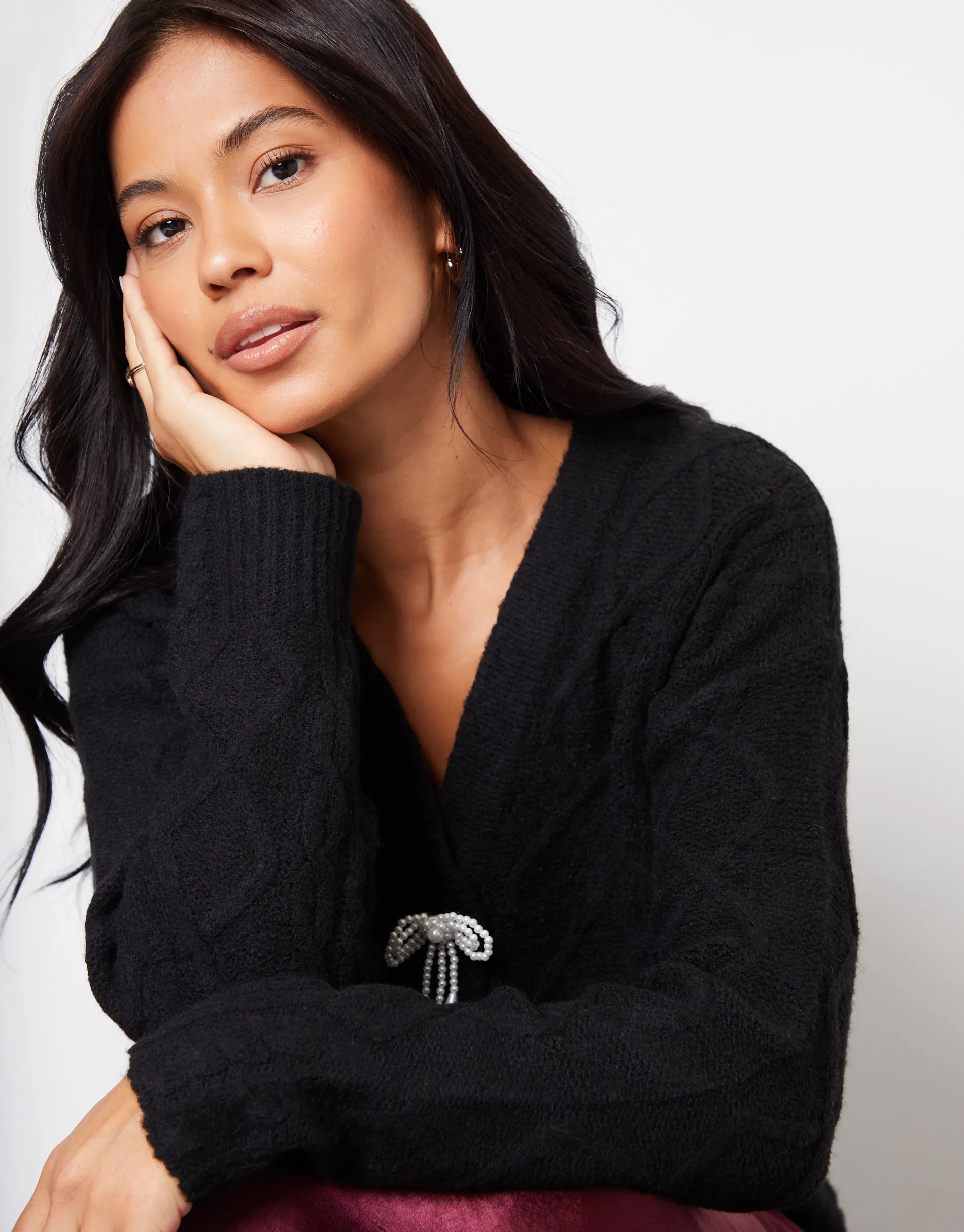 Threadbare Women's Black Bow Detail Cable Knit Cardigan sold by Threadbare product image thumbnail 4