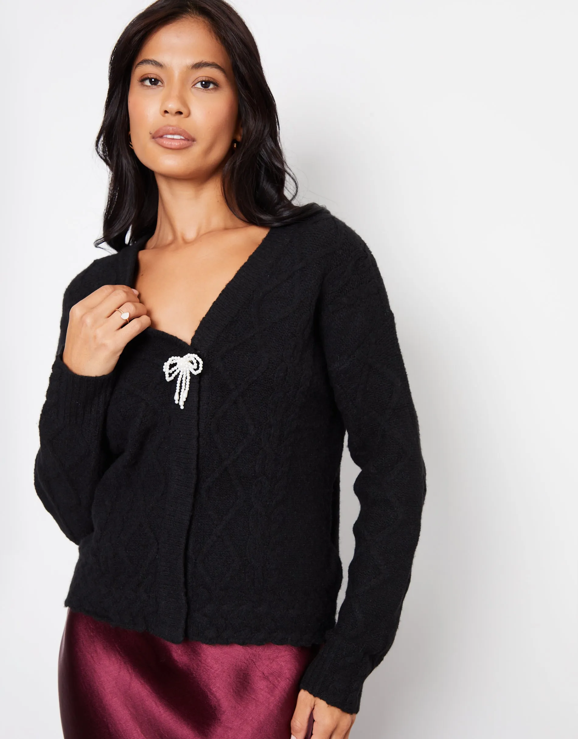 Threadbare Women's Black Bow Detail Cable Knit Cardigan sold by Threadbare