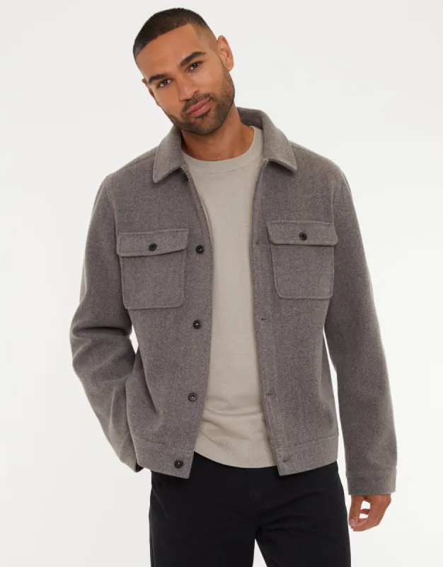 Men's Taupe Marl Brushed Button Up Shacket sold by Threadbare