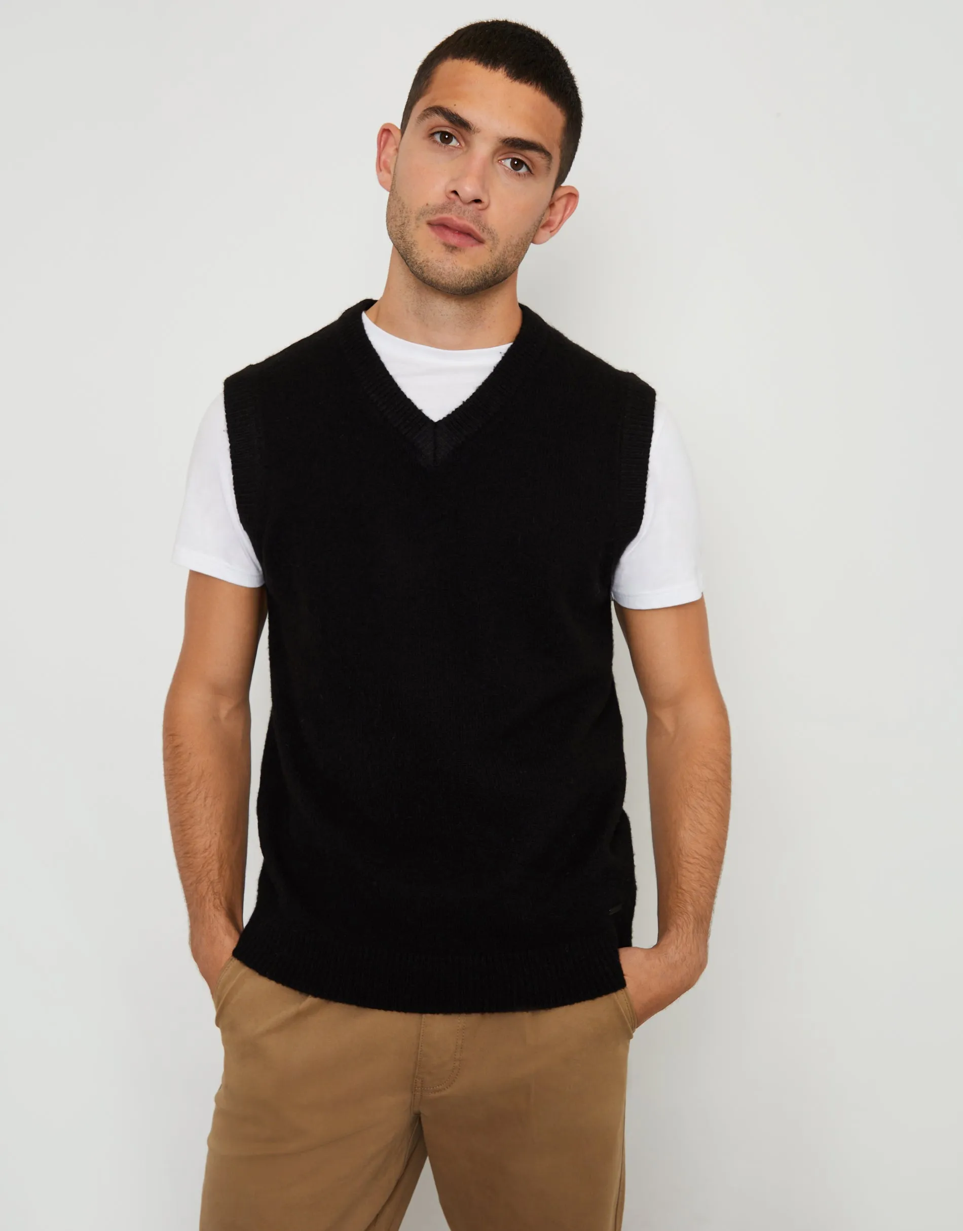 Men's Black V-Neck Knitted Vest sold by Threadbare