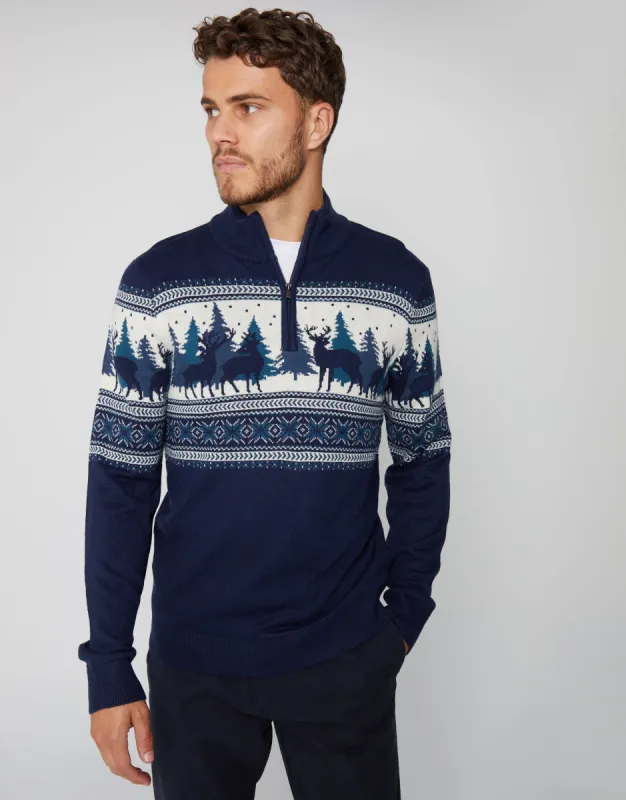Navy Reindeer Fairisle Quarter Zip Jumper sold by Threadbare