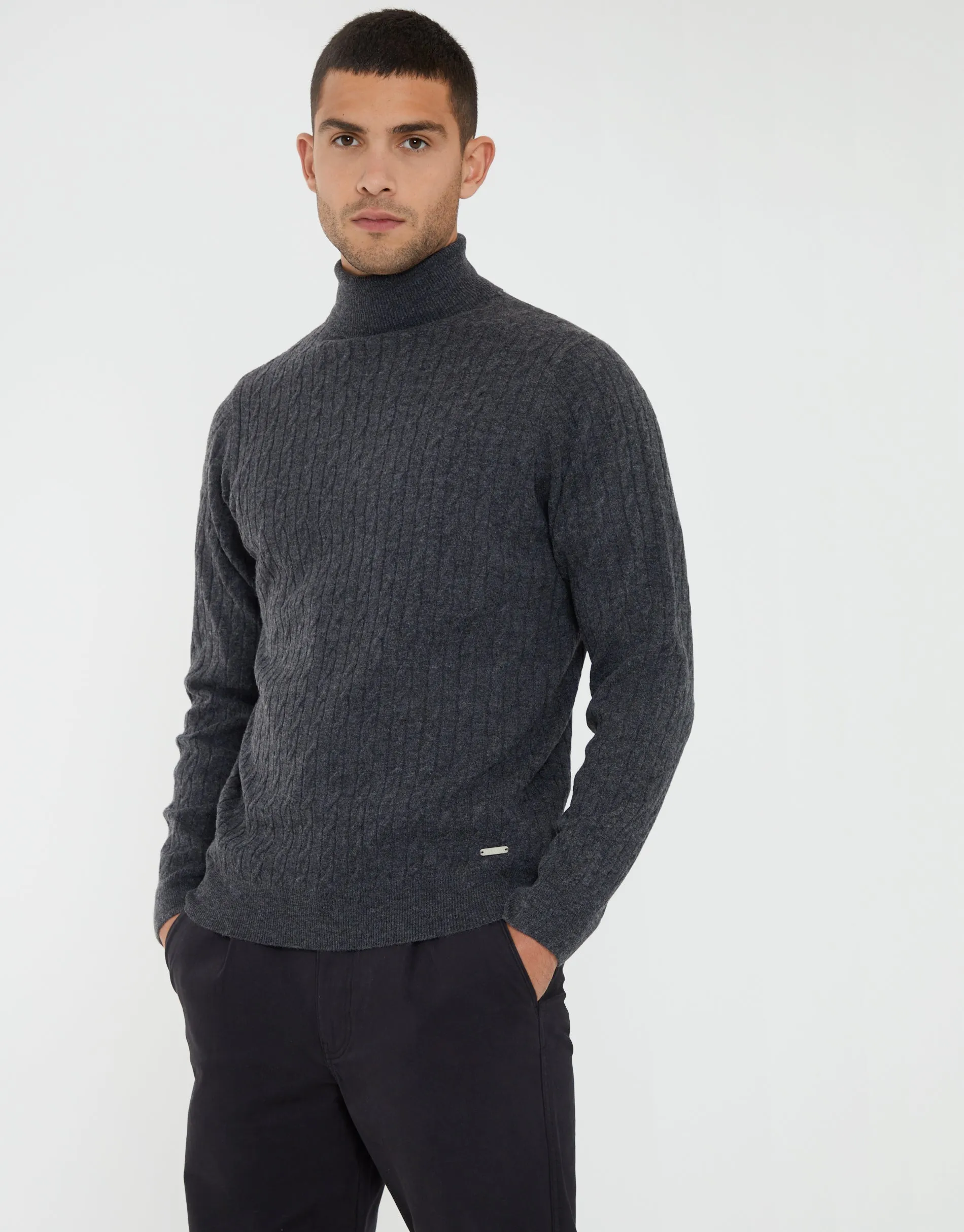 Threadbare Men's Charcoal Grey Marl Cable Knit Roll Neck Jumper sold by Threadbare