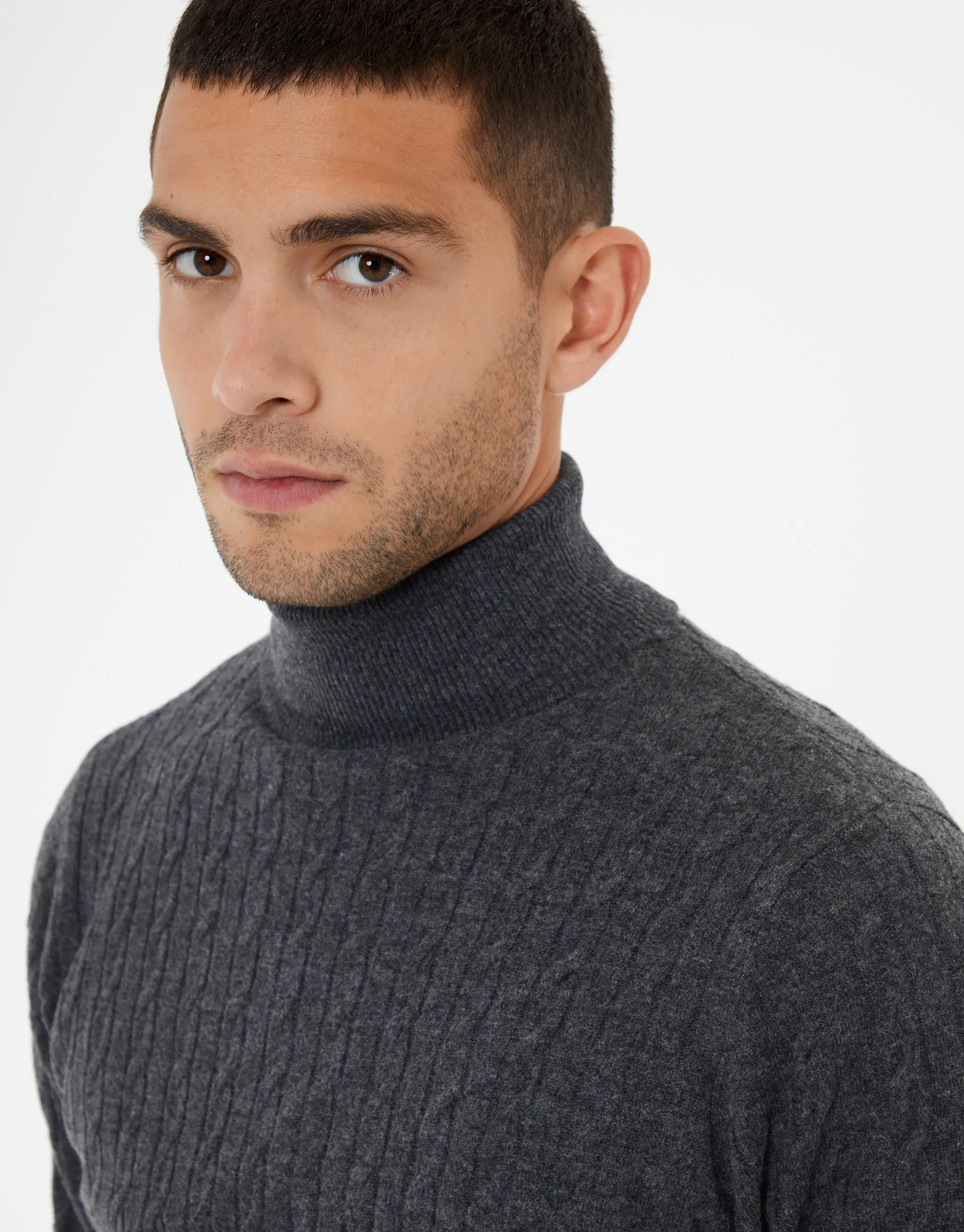 Threadbare Men's Charcoal Grey Marl Cable Knit Roll Neck Jumper sold by Threadbare product image thumbnail 4
