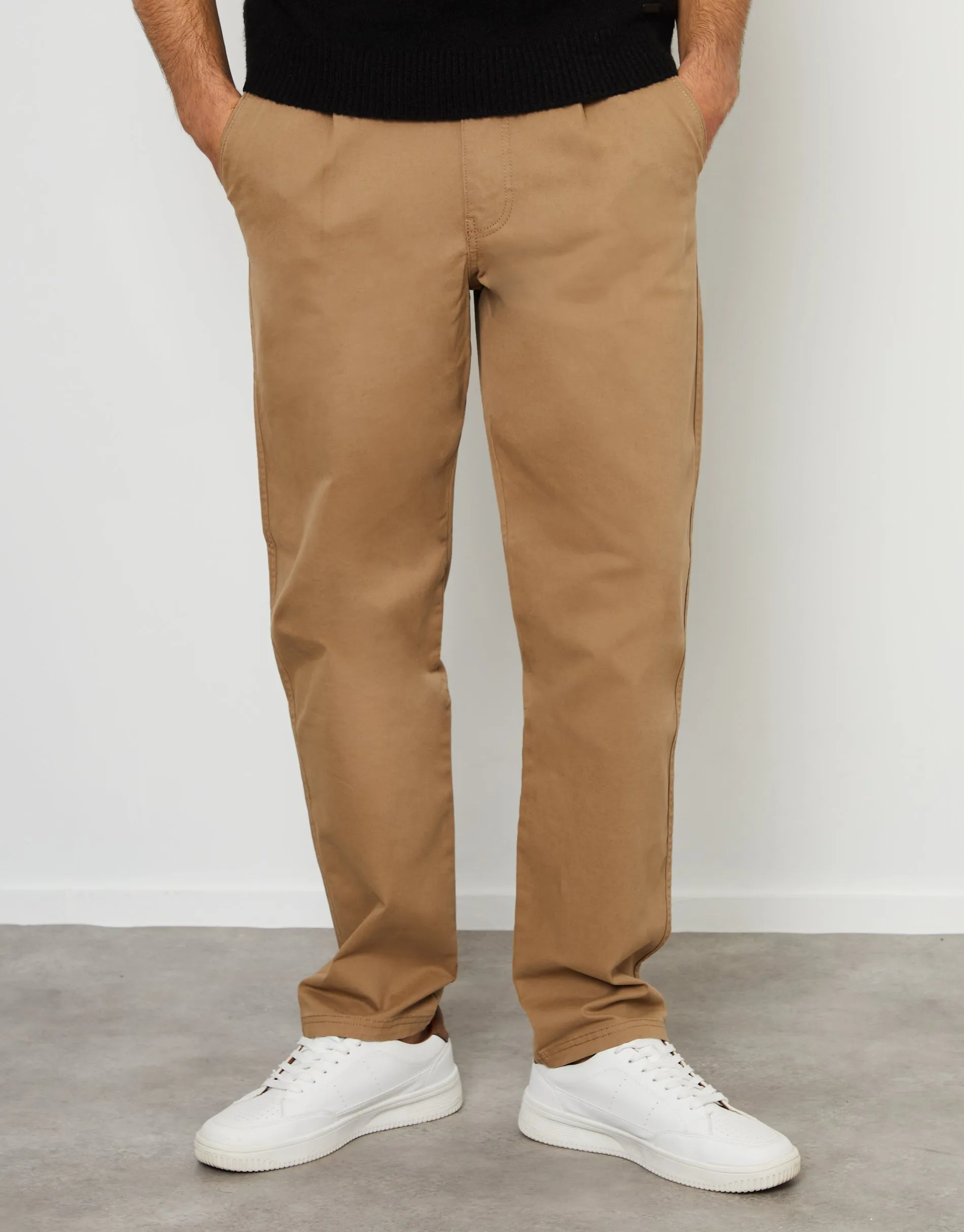 Dark Stone Straight Leg Pleated Chino Trousers sold by Threadbare