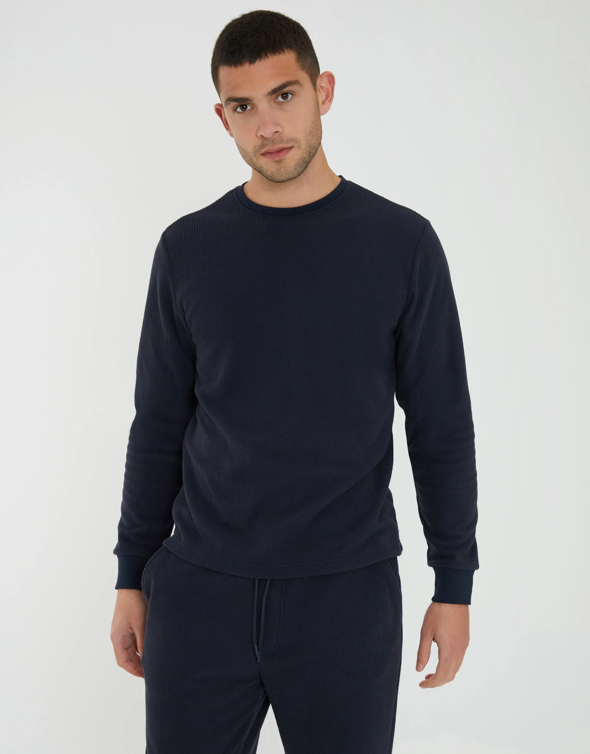 Navy Waffle Textured Fleece Loungewear Set (2-Piece Set) sold by Threadbare product image thumbnail 3