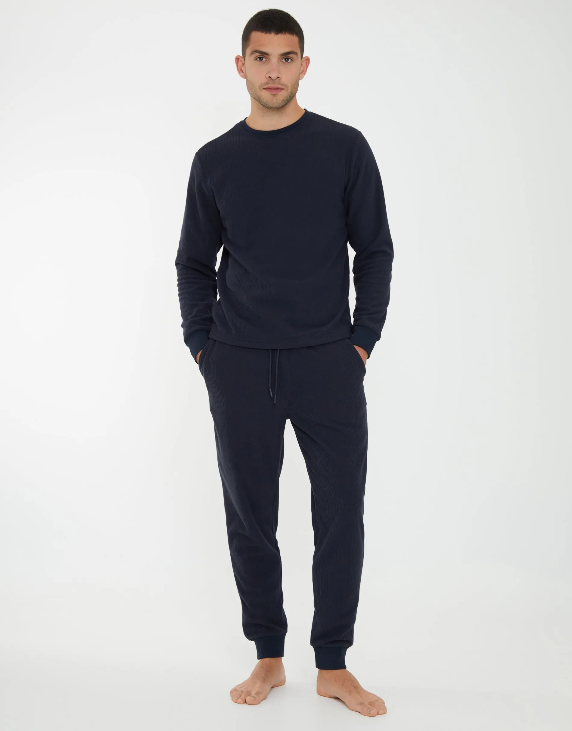Navy Waffle Textured Fleece Loungewear Set (2-Piece Set) sold by Threadbare