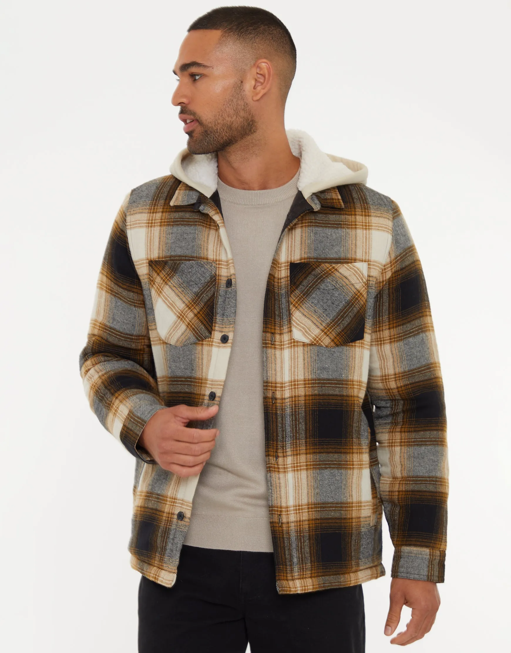 Threadbare Men's Camel Brown Check Shacket with Borg-Lined Hood sold by Threadbare