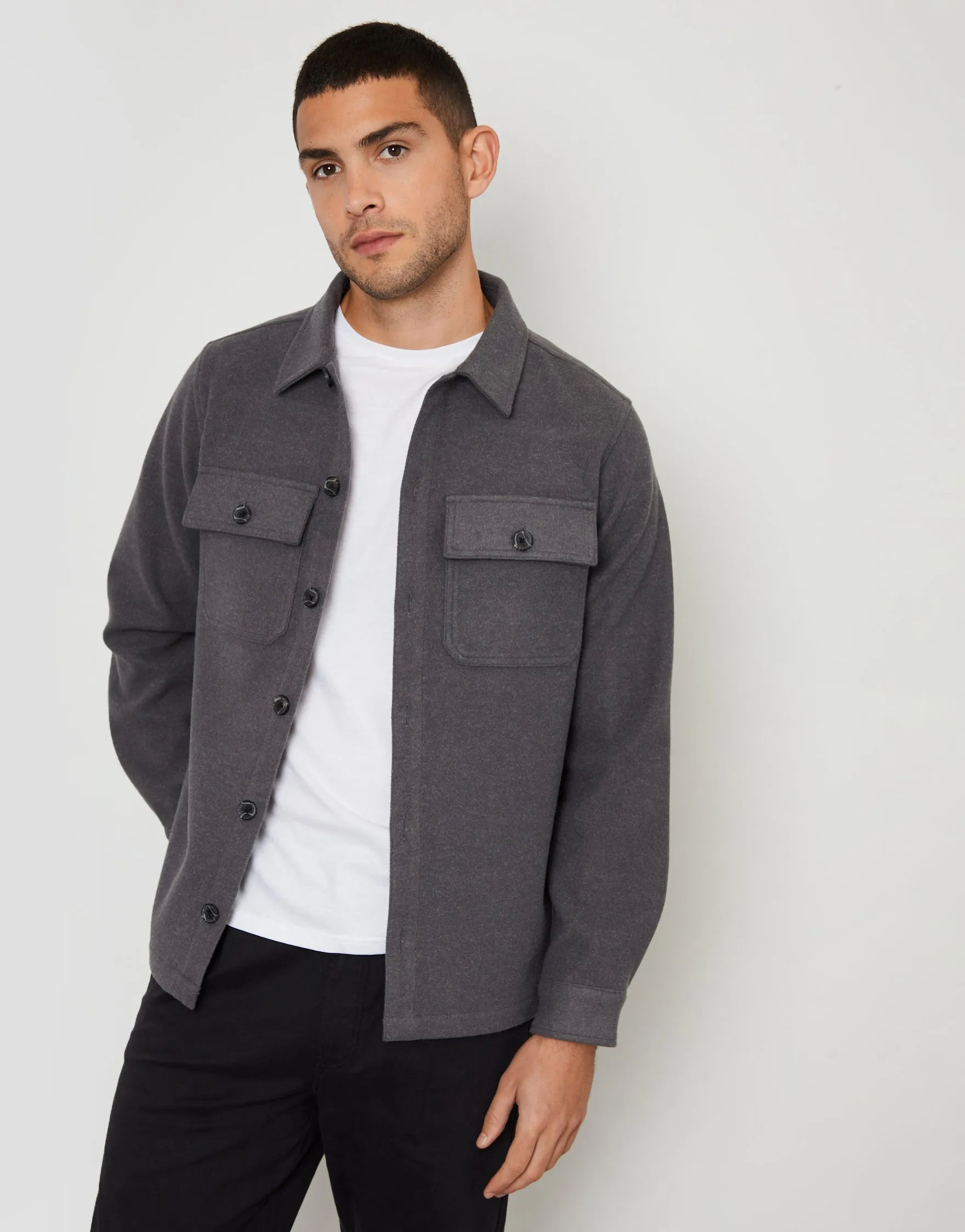 Charcoal Grey Faux Wool Button Up Shacket sold by Threadbare