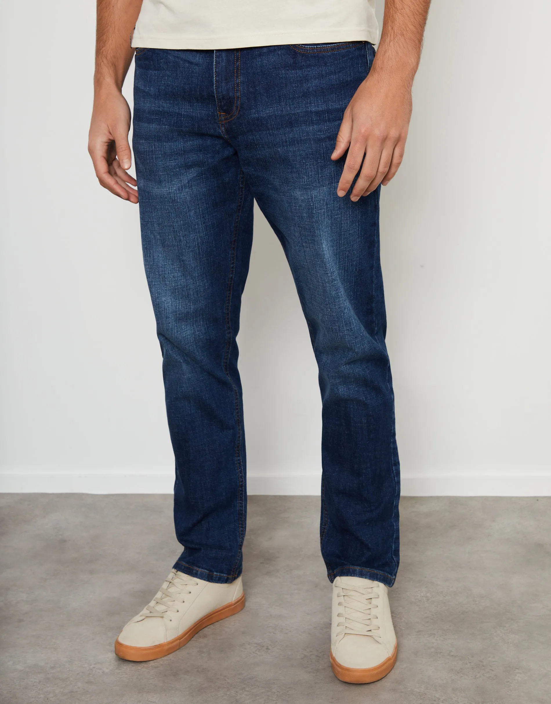 Men's Mid Wash Stretch Heritage Straight Leg Jeans sold by Threadbare
