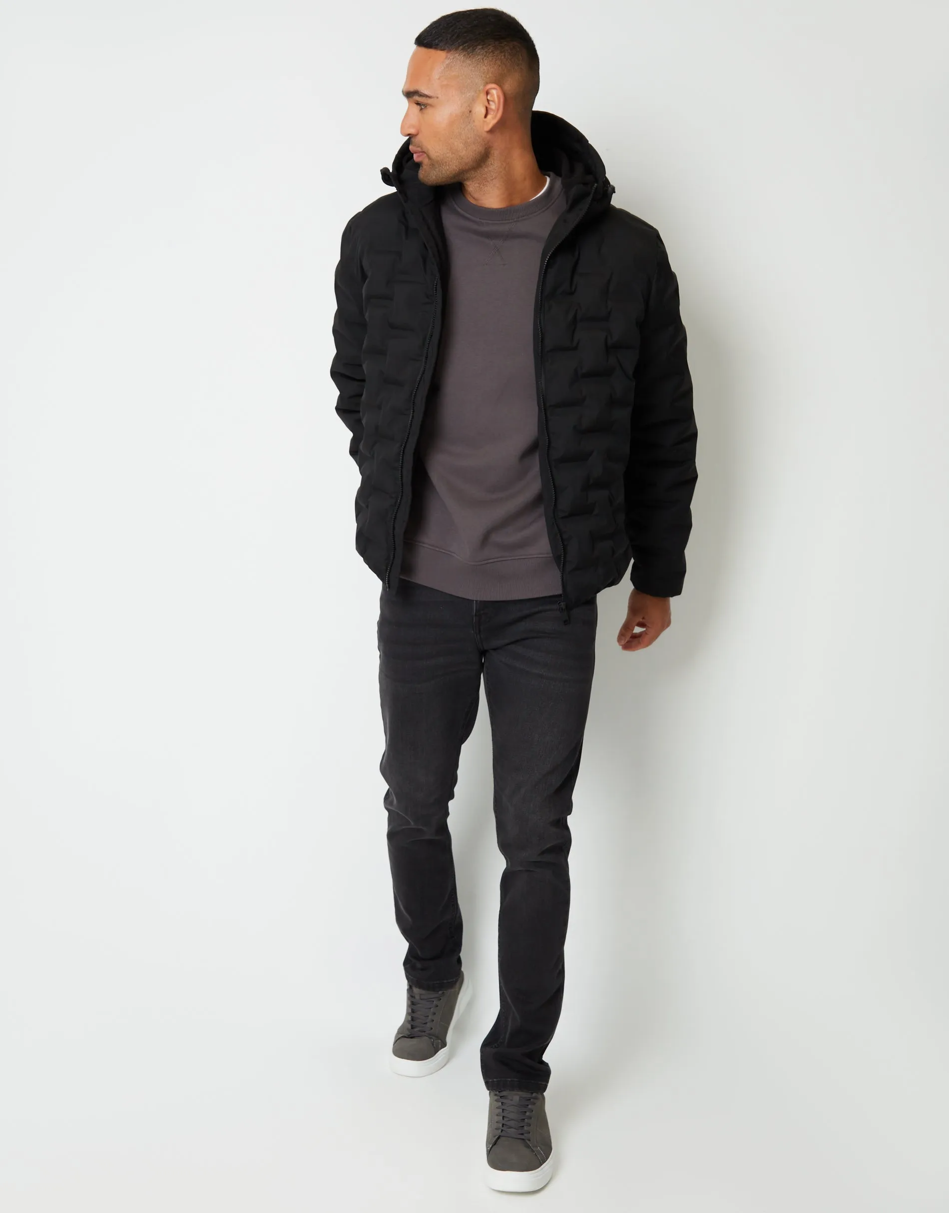 Men's Black Showerproof Quilted Hooded Puffer Jacket sold by Threadbare product image thumbnail 4