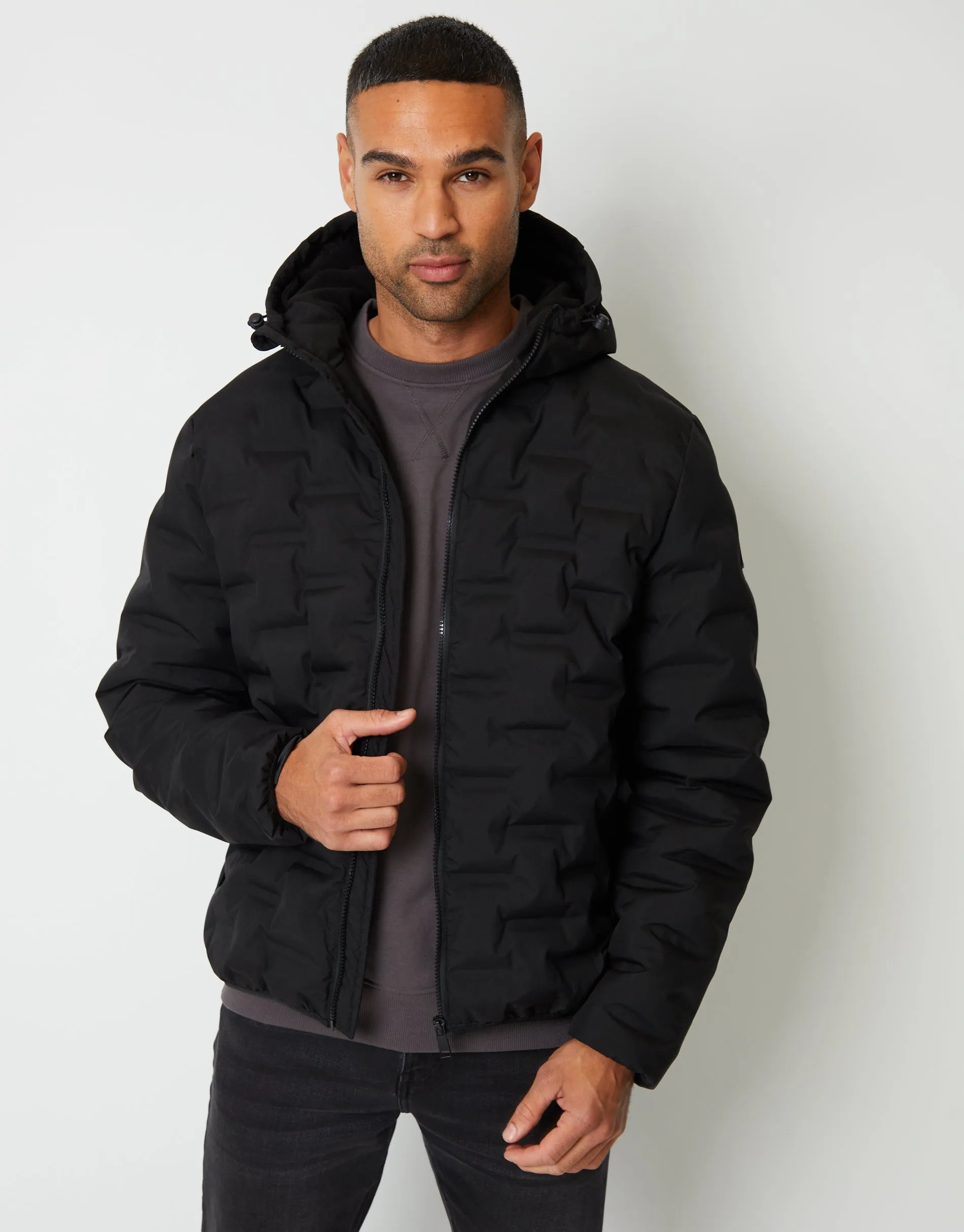 Men's Black Showerproof Quilted Hooded Puffer Jacket sold by Threadbare