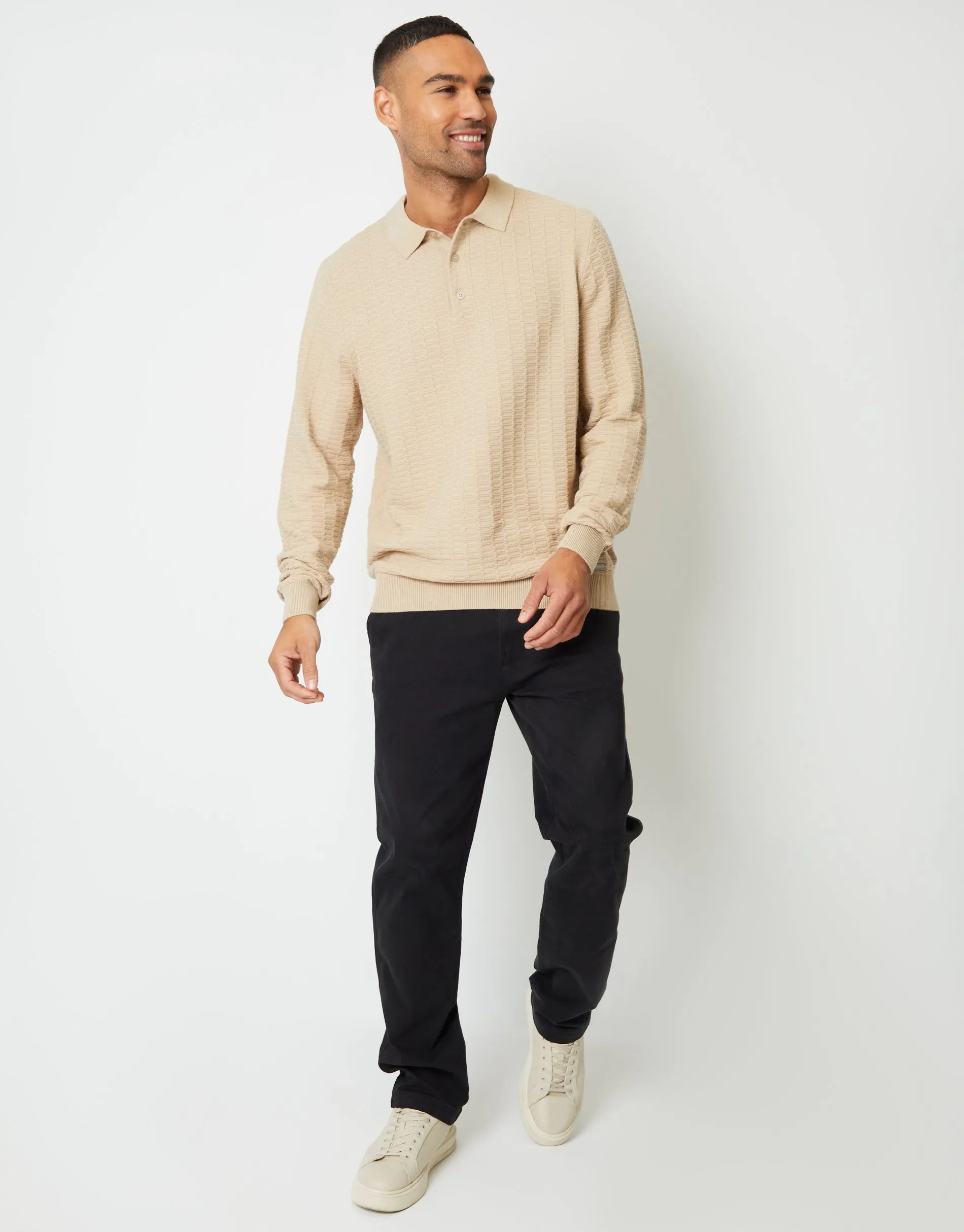 Threadbare Men's Ecru Long Sleeve Textured Knitted Polo Jumper sold by Threadbare product image thumbnail 4