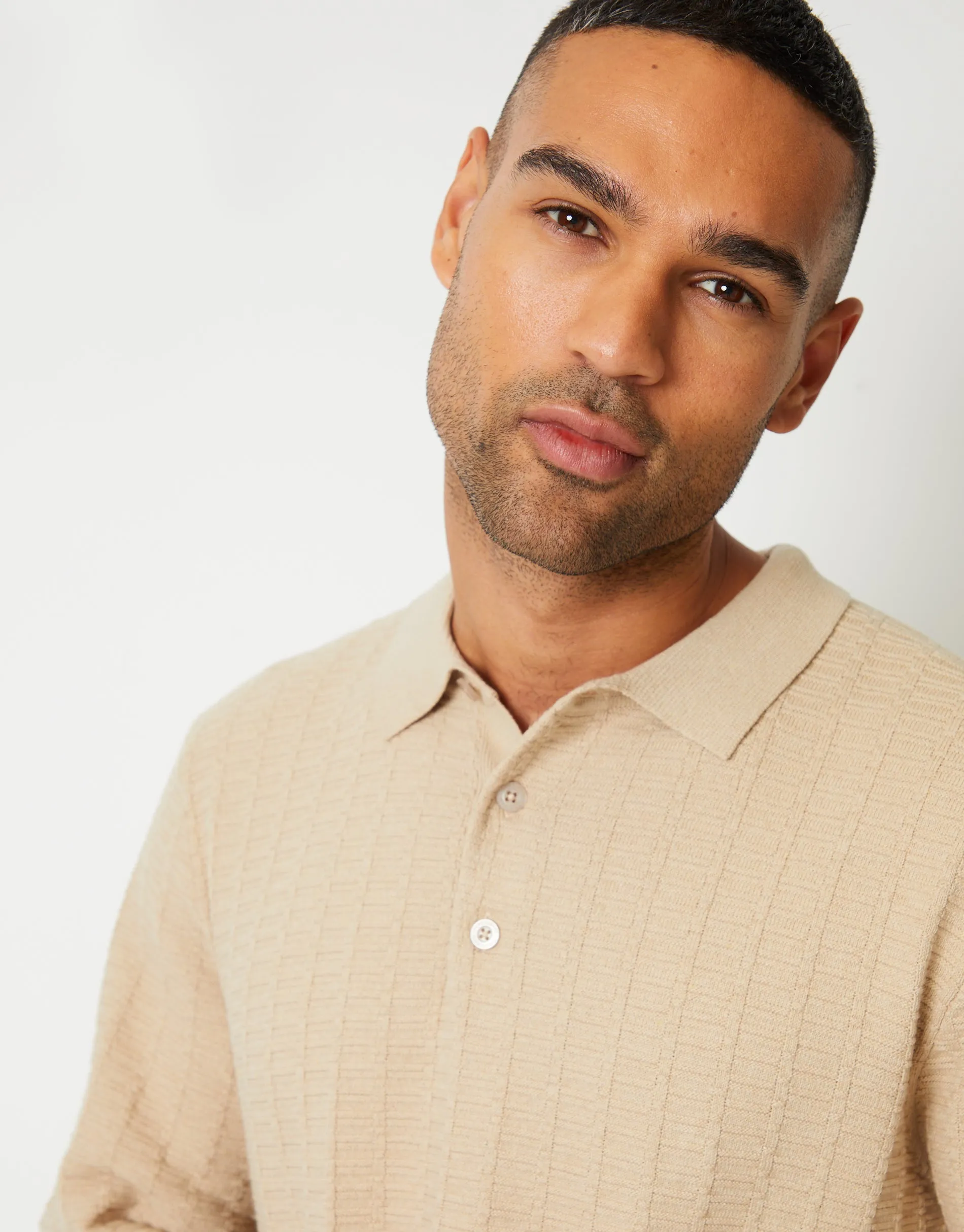 Threadbare Men's Ecru Long Sleeve Textured Knitted Polo Jumper sold by Threadbare product image thumbnail 5