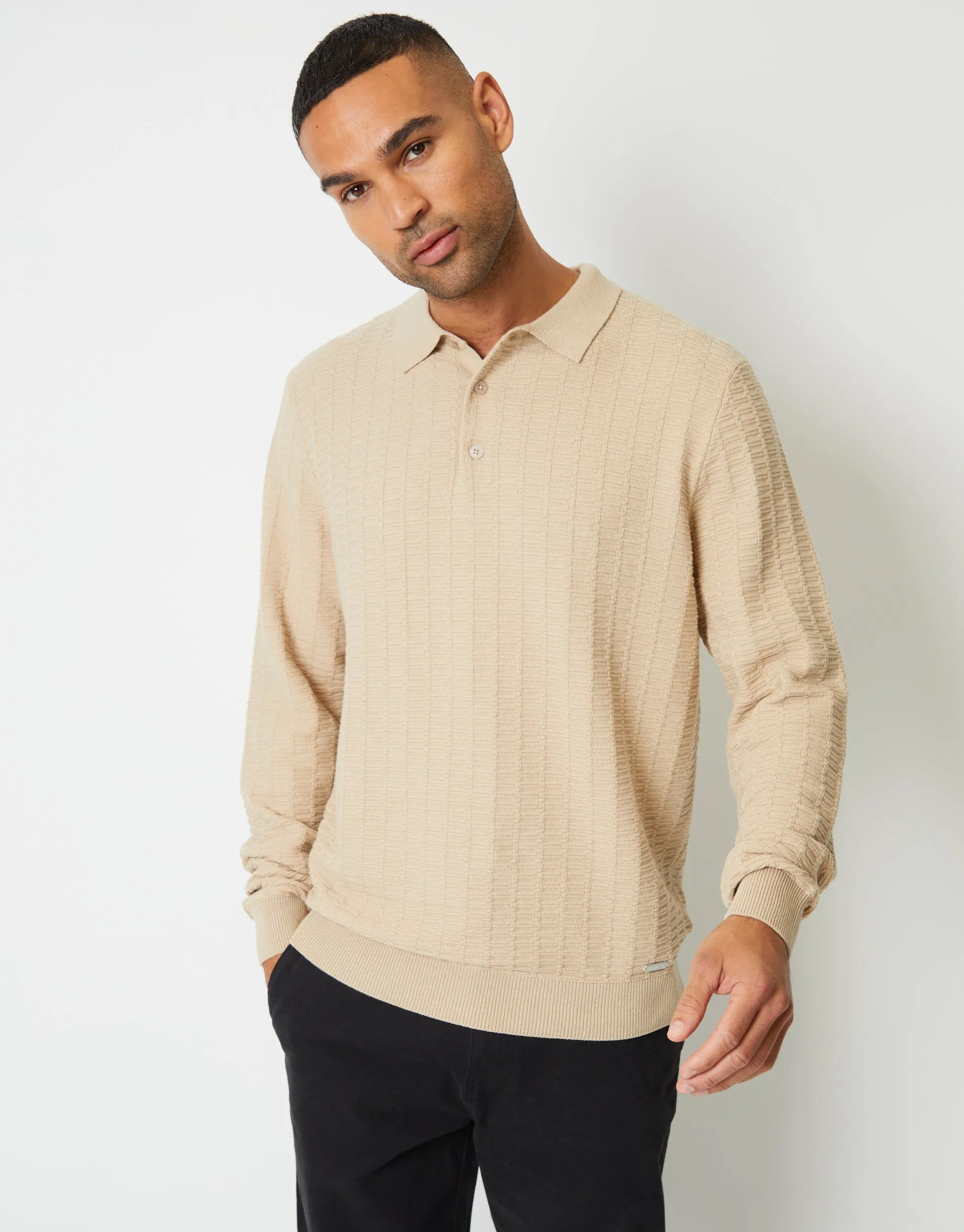Threadbare Men's Ecru Long Sleeve Textured Knitted Polo Jumper sold by Threadbare product image thumbnail 2