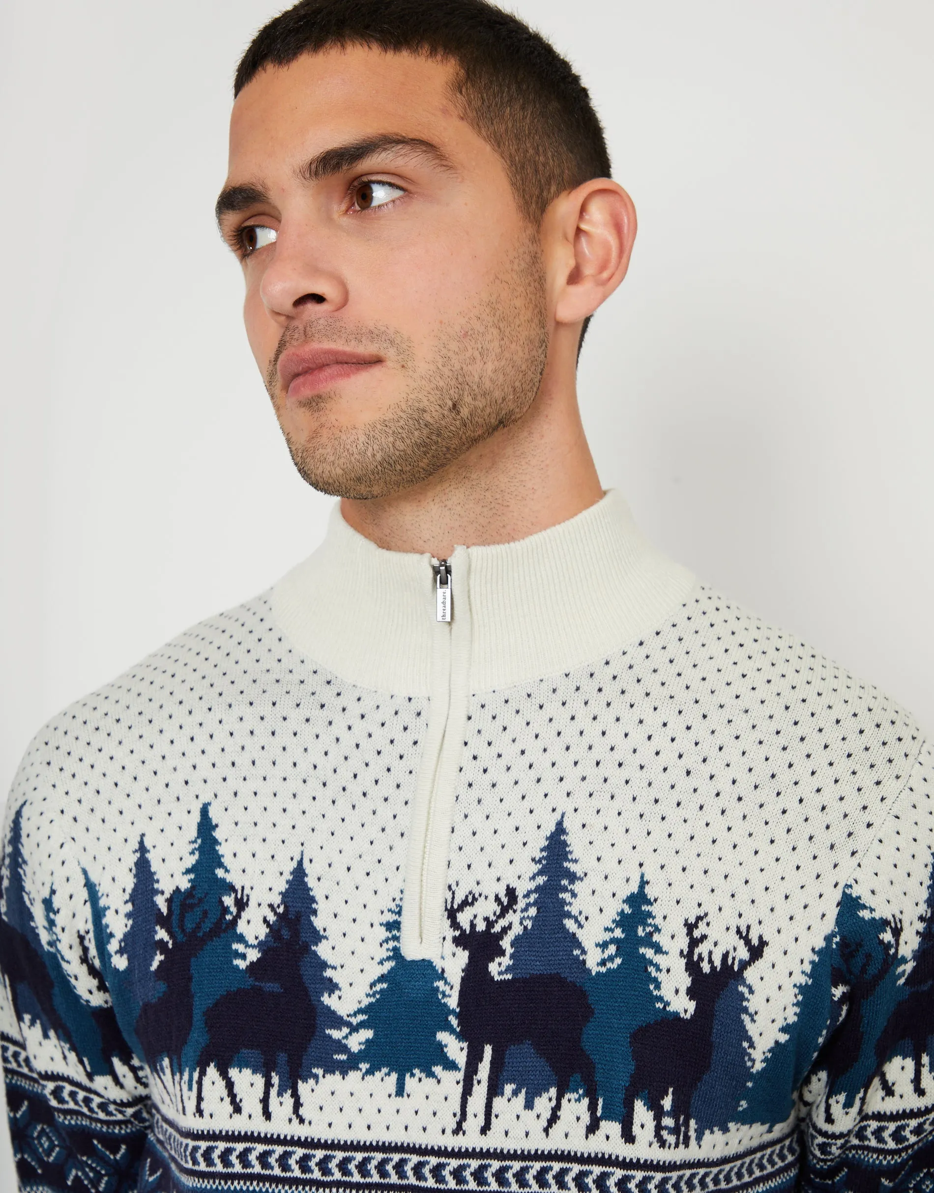 Threadbare Men's Navy Christmas Fairisle Cable Knit Quarter Zip Jumper sold by Threadbare product image thumbnail 4