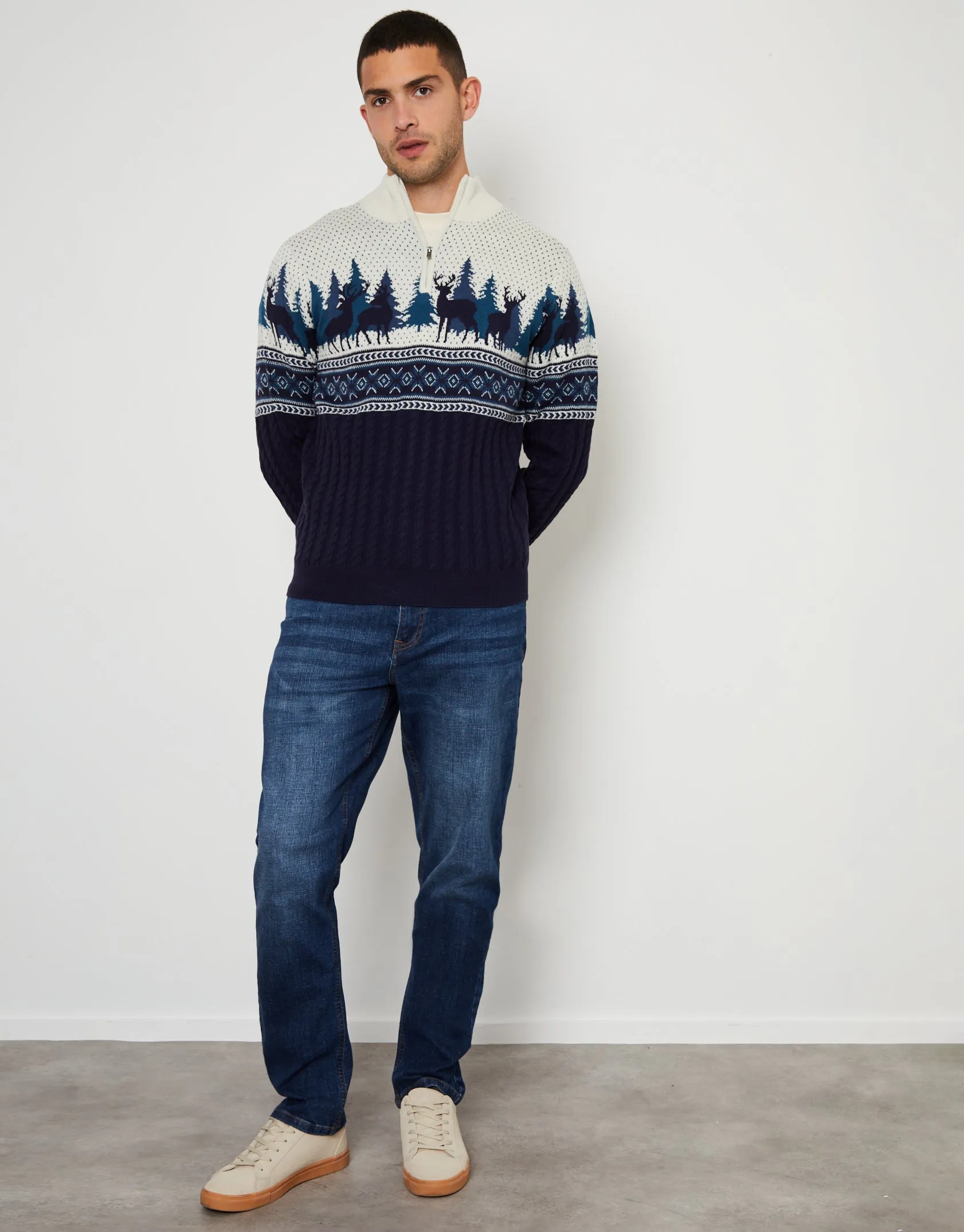 Threadbare Men's Navy Christmas Fairisle Cable Knit Quarter Zip Jumper sold by Threadbare product image thumbnail 3
