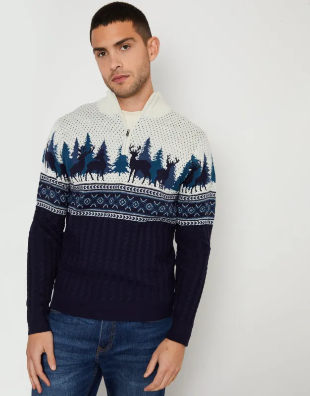 Threadbare Men's Navy Christmas Fairisle Cable Knit Quarter Zip Jumper sold by Threadbare