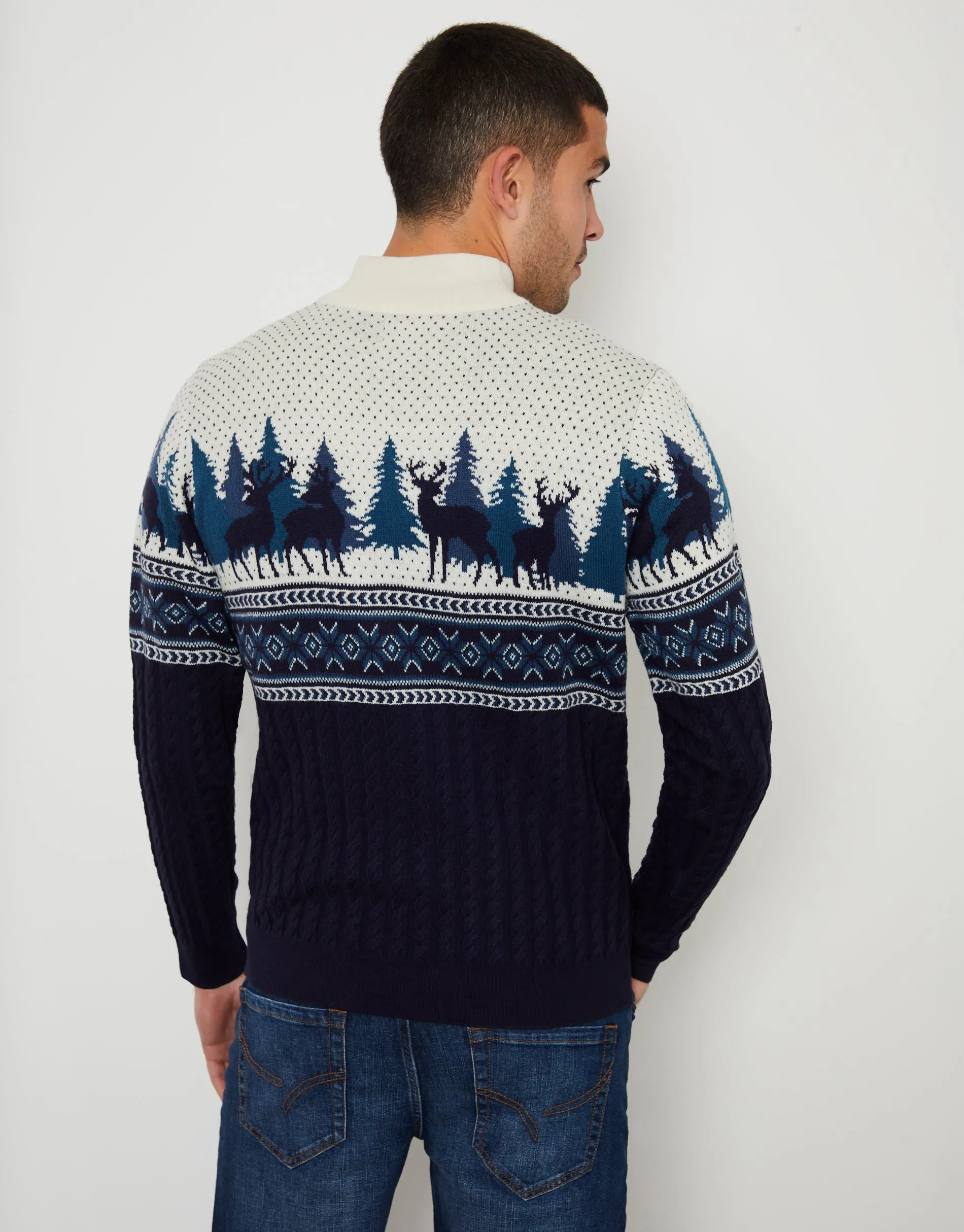 Threadbare Men's Navy Christmas Fairisle Cable Knit Quarter Zip Jumper sold by Threadbare product image thumbnail 2