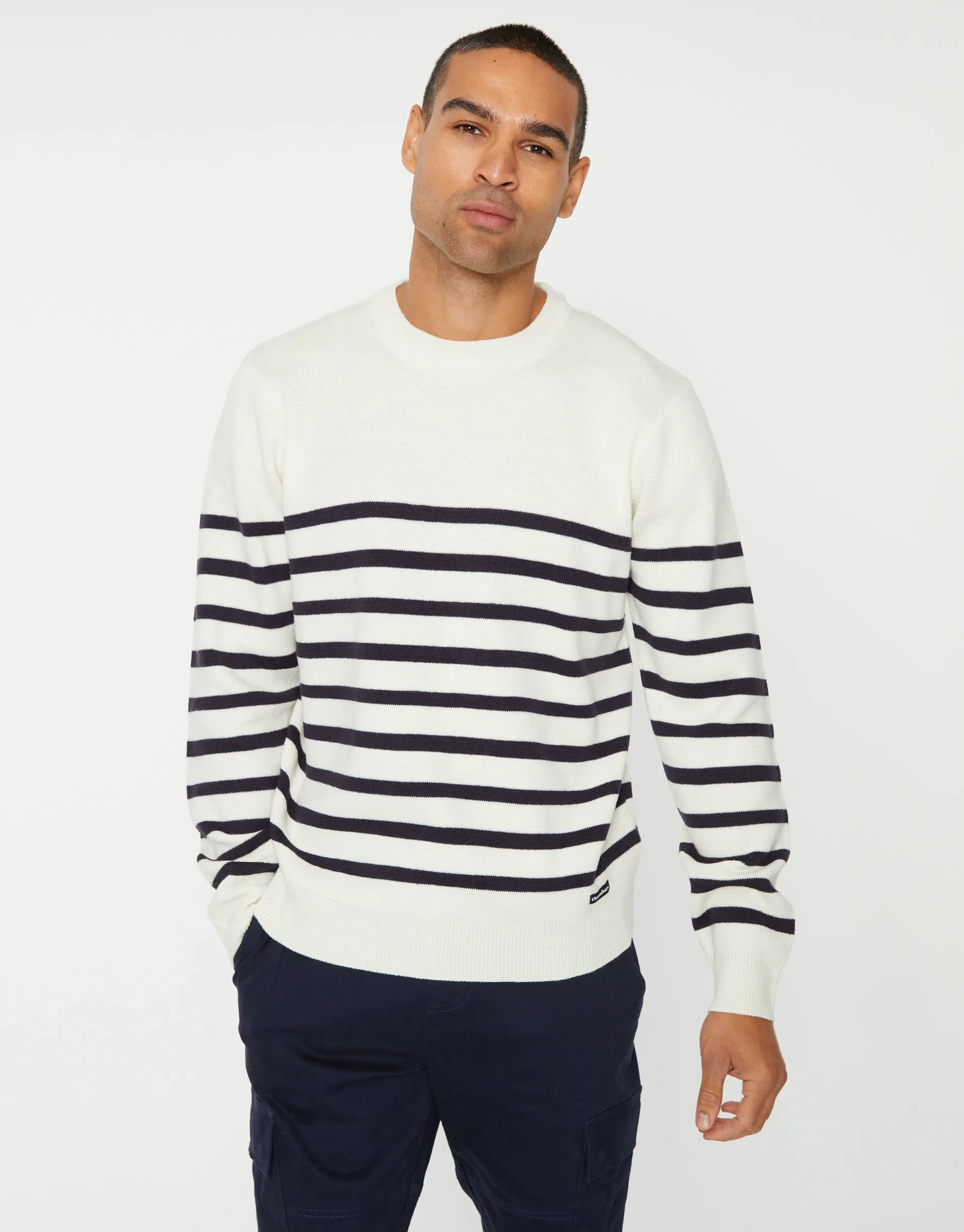 Men's Ecru Breton Stripe Crew Neck Jumper sold by Threadbare