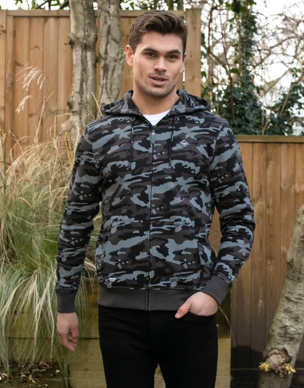 Men's Charcoal Camo Zip-Through Hoodie sold by Threadbare