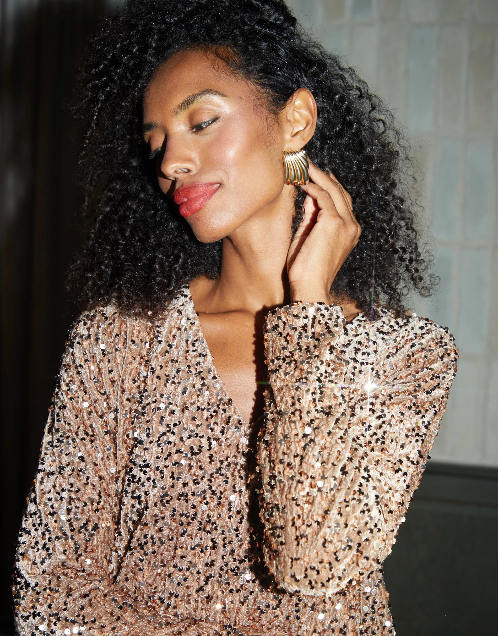 Bronze Sequin Velour V Neck Mini Dress sold by Threadbare product image thumbnail 4