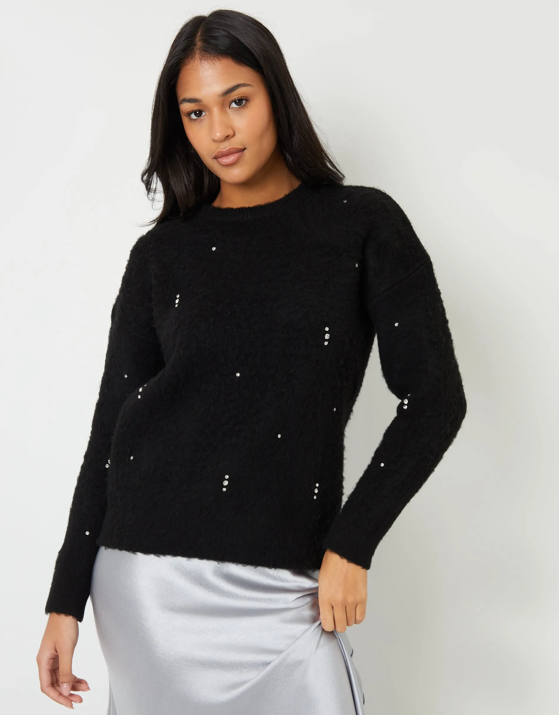 Women's Black Brushed Knitted Diamante Embellished Jumper sold by Threadbare