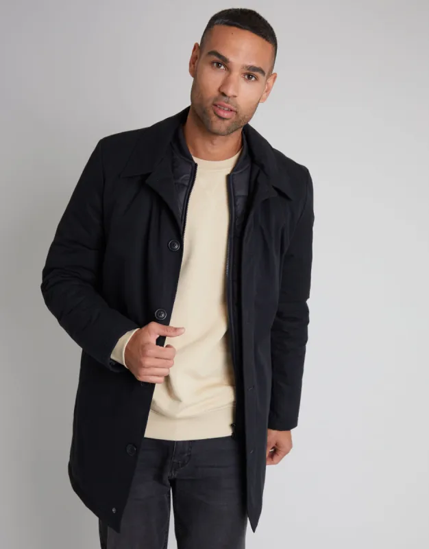 Men's Black Mock Layer Padded Mac sold by Threadbare