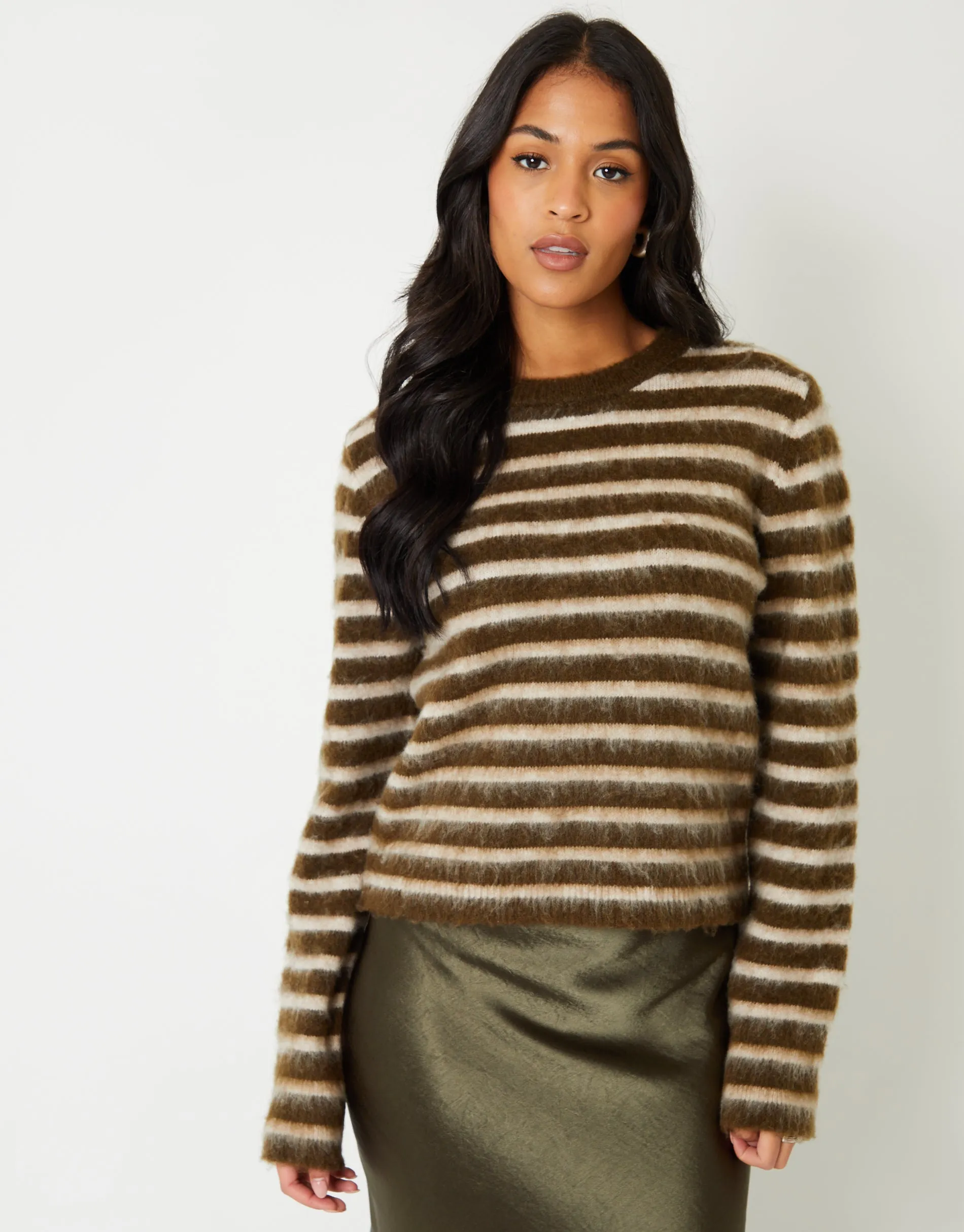 Women's Khaki & Stone Stripe Brushed Knitted Jumper sold by Threadbare product image thumbnail 4