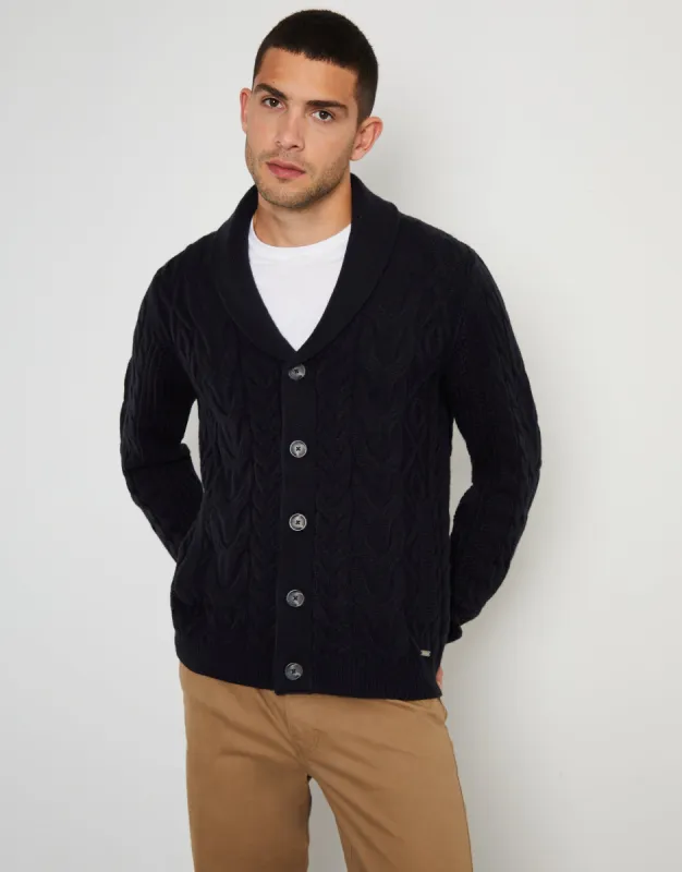 Navy Cable Knit Shawl Cardigan sold by Threadbare
