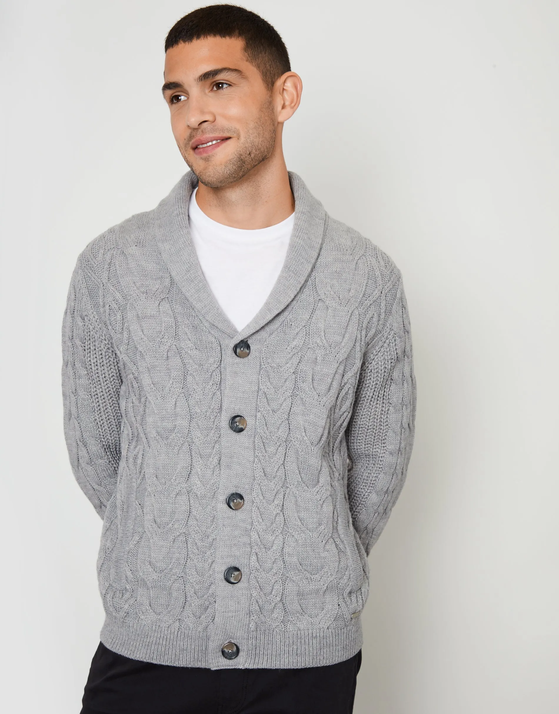 Grey Marl Cable Knit Shawl Cardigan sold by Threadbare