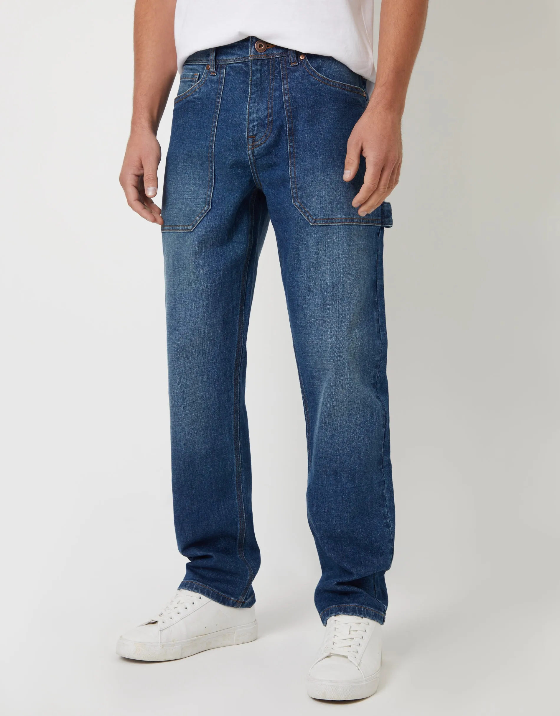 Men's Mid Wash Stretch Straight Leg Carpenter Jeans sold by Threadbare
