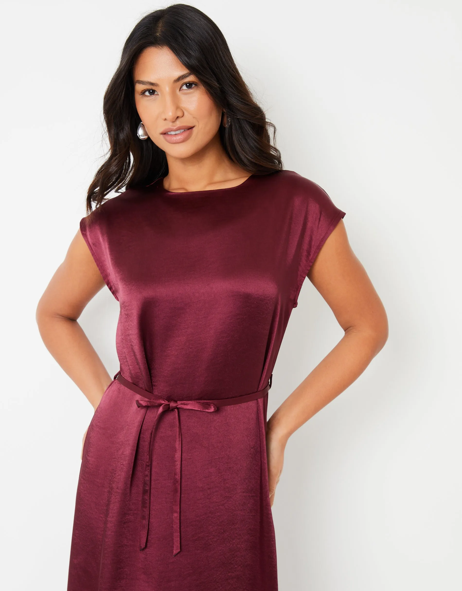 Burgundy Belted Satin Column Maxi Dress sold by Threadbare product image thumbnail 2