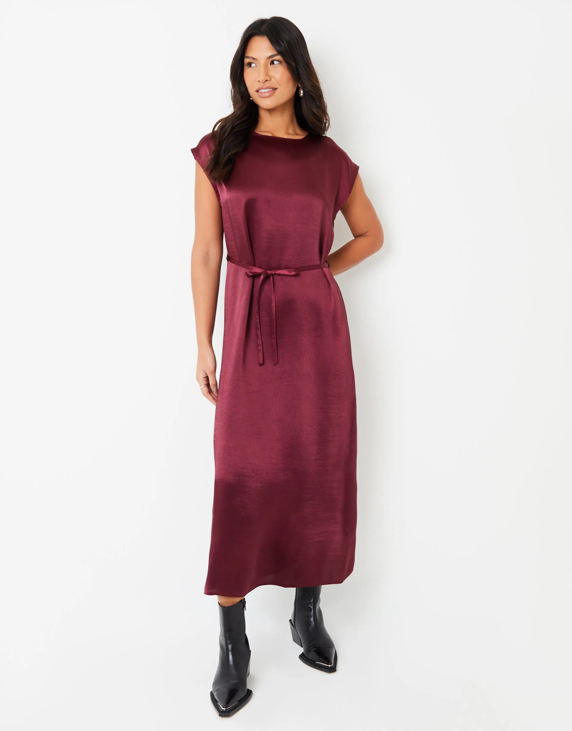 Burgundy Belted Satin Column Maxi Dress sold by Threadbare