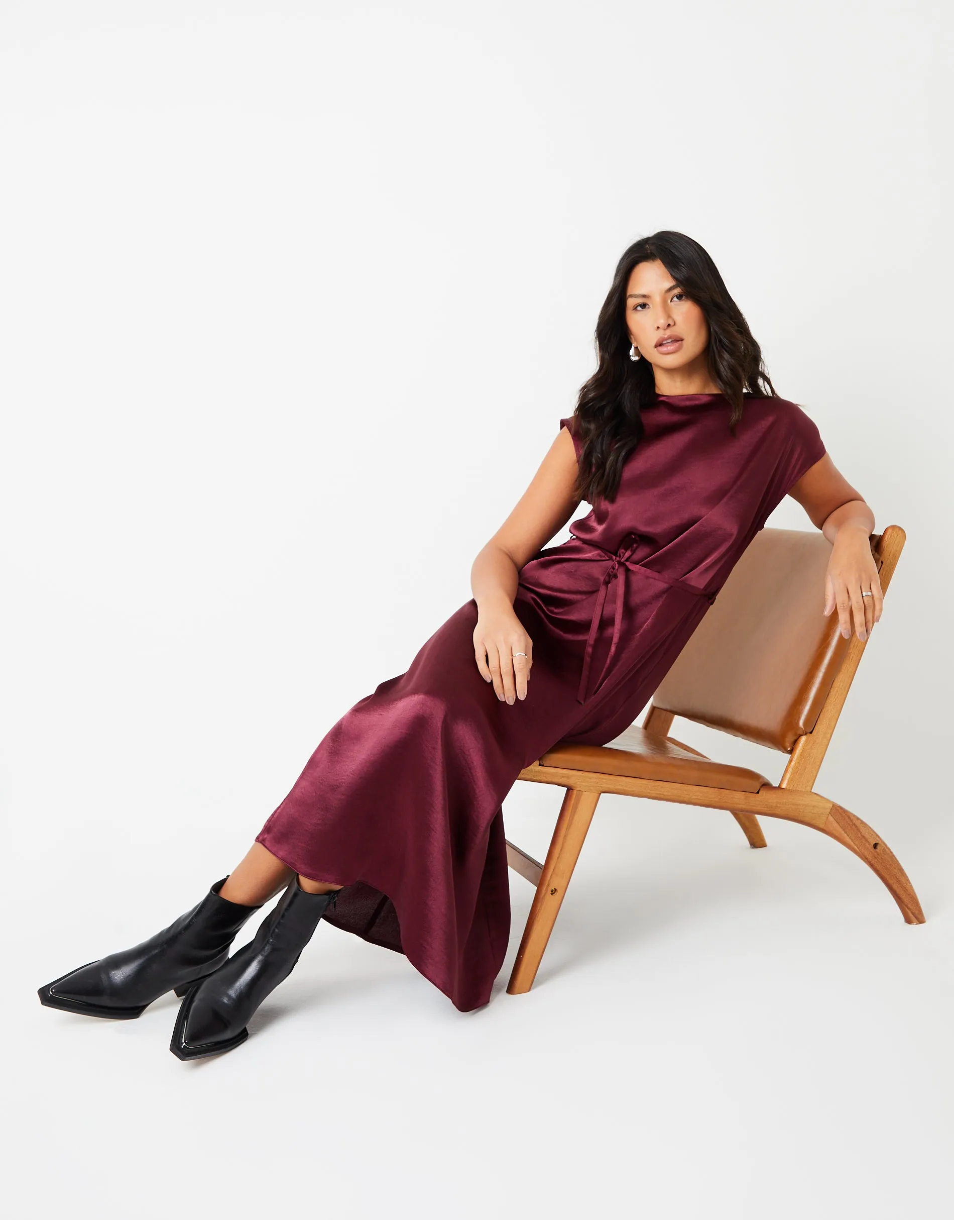Burgundy Belted Satin Column Maxi Dress sold by Threadbare product image thumbnail 4