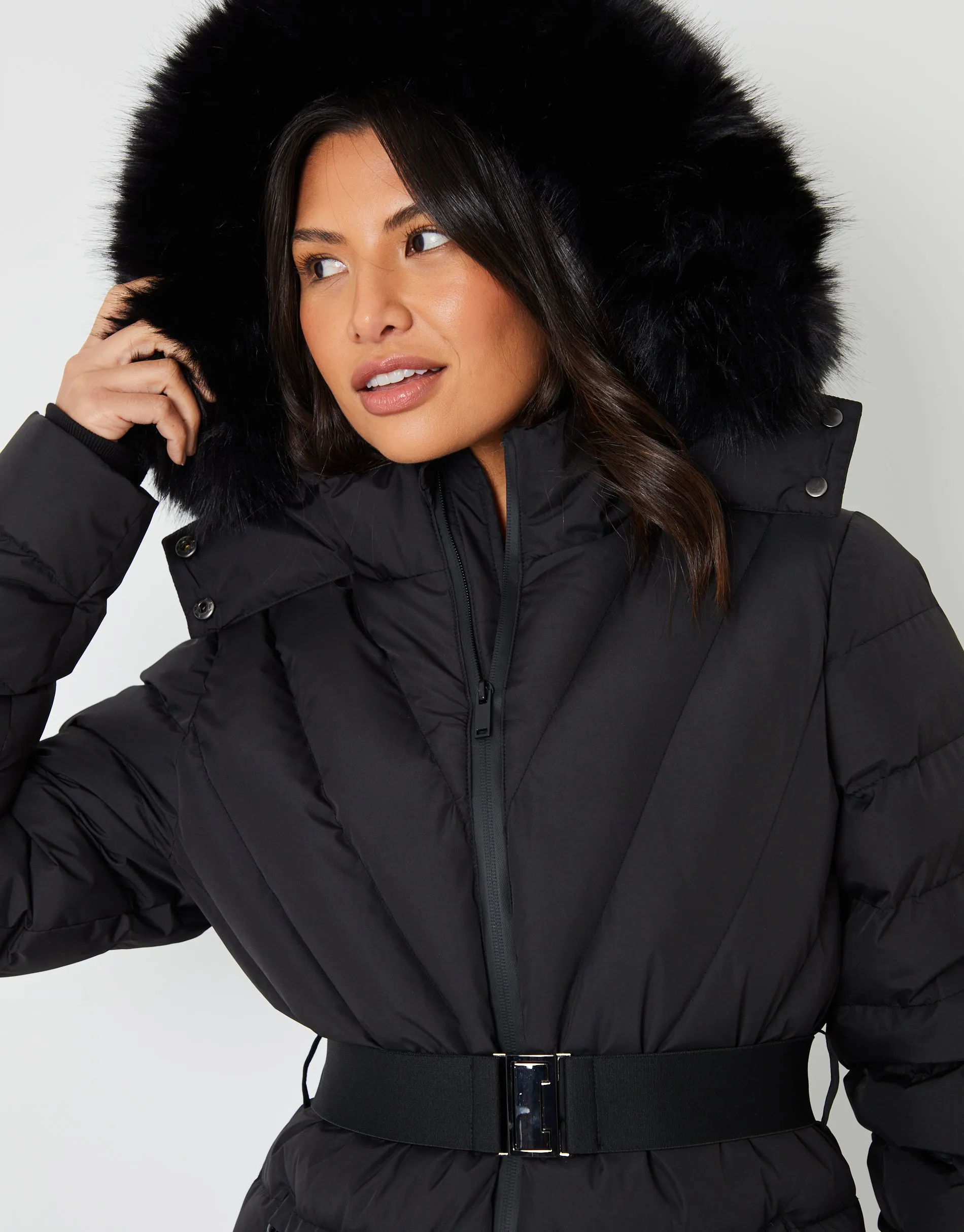 Threadbare Women's Black Belted Puffer Ski Jacket sold by Threadbare product image thumbnail 2