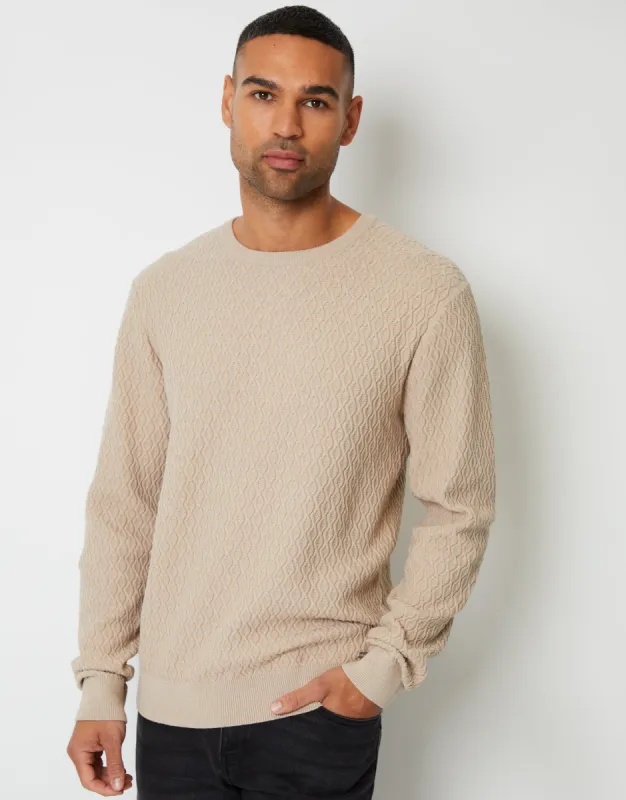 Threadbare Men's Beige Mini Cable Knit Crew Neck Jumper sold by Threadbare