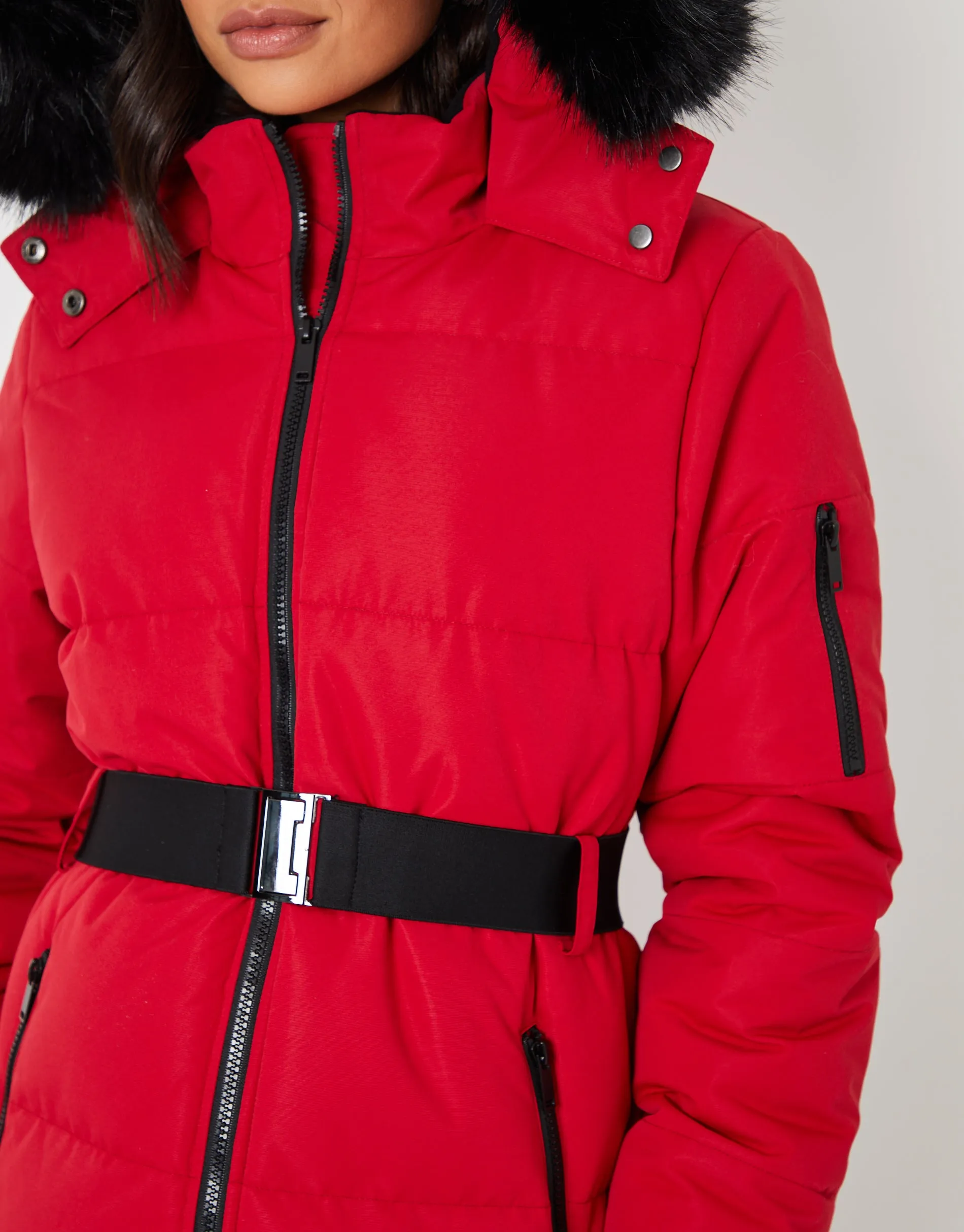 Red Belted Padded Ski Jacket sold by Threadbare product image thumbnail 5