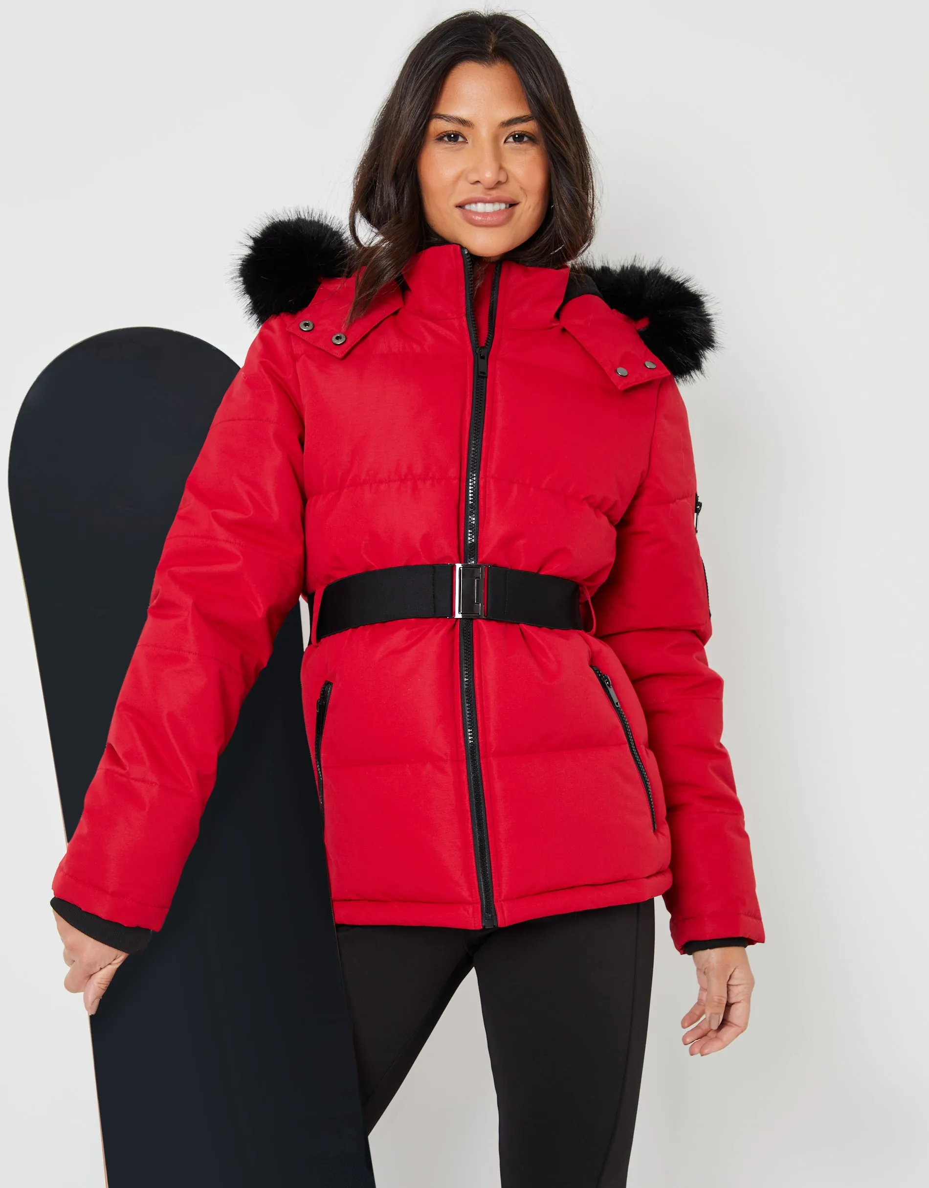 Red Belted Padded Ski Jacket sold by Threadbare