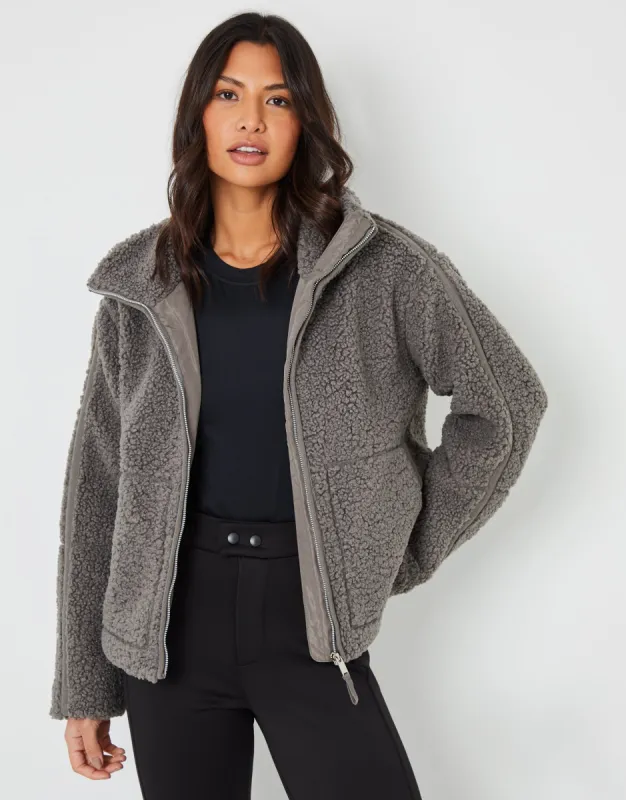 Women's Grey Funnel Neck Zip-Up Borg Fleece sold by Threadbare