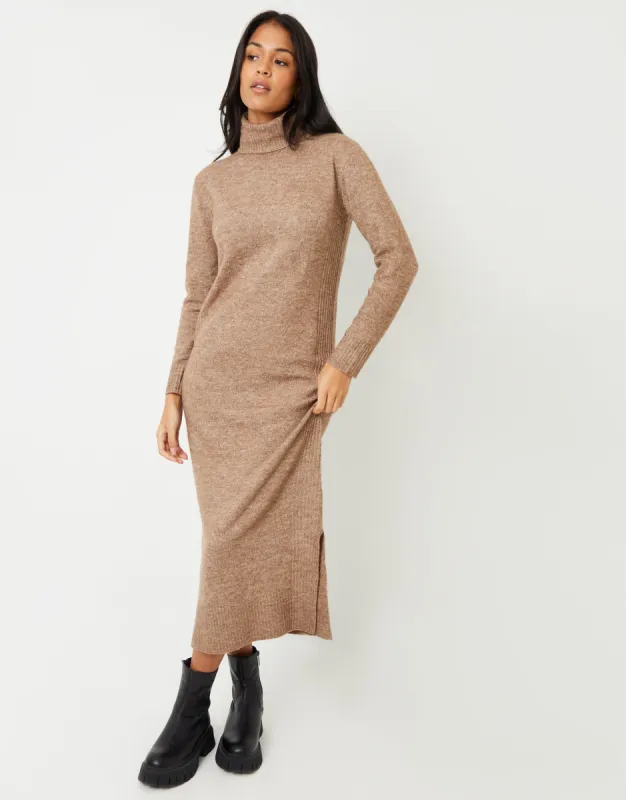 Women's Beige Knitted Roll Neck Maxi Dress sold by Threadbare