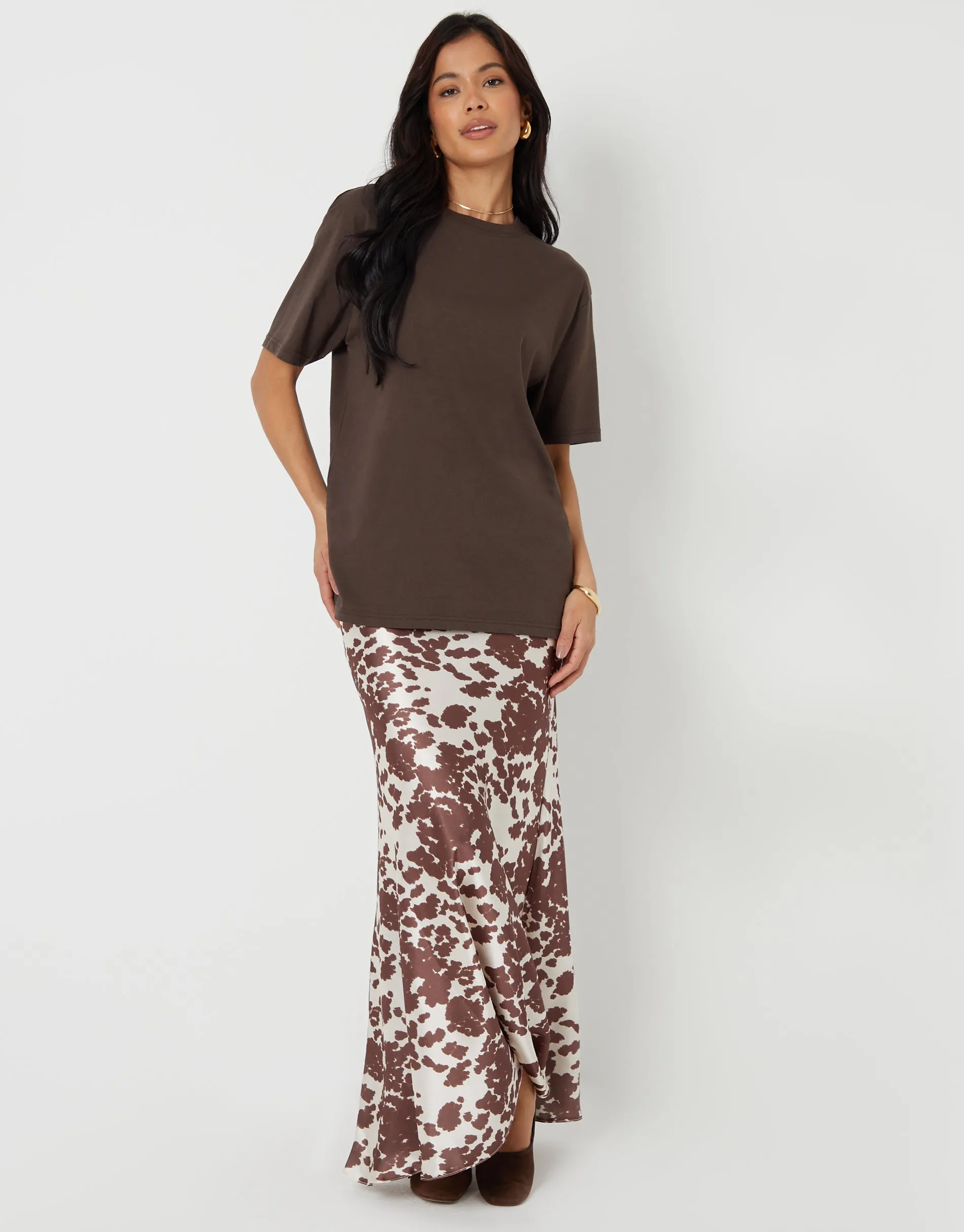 Cow Print Maxi Satin Slip Skirt sold by Threadbare