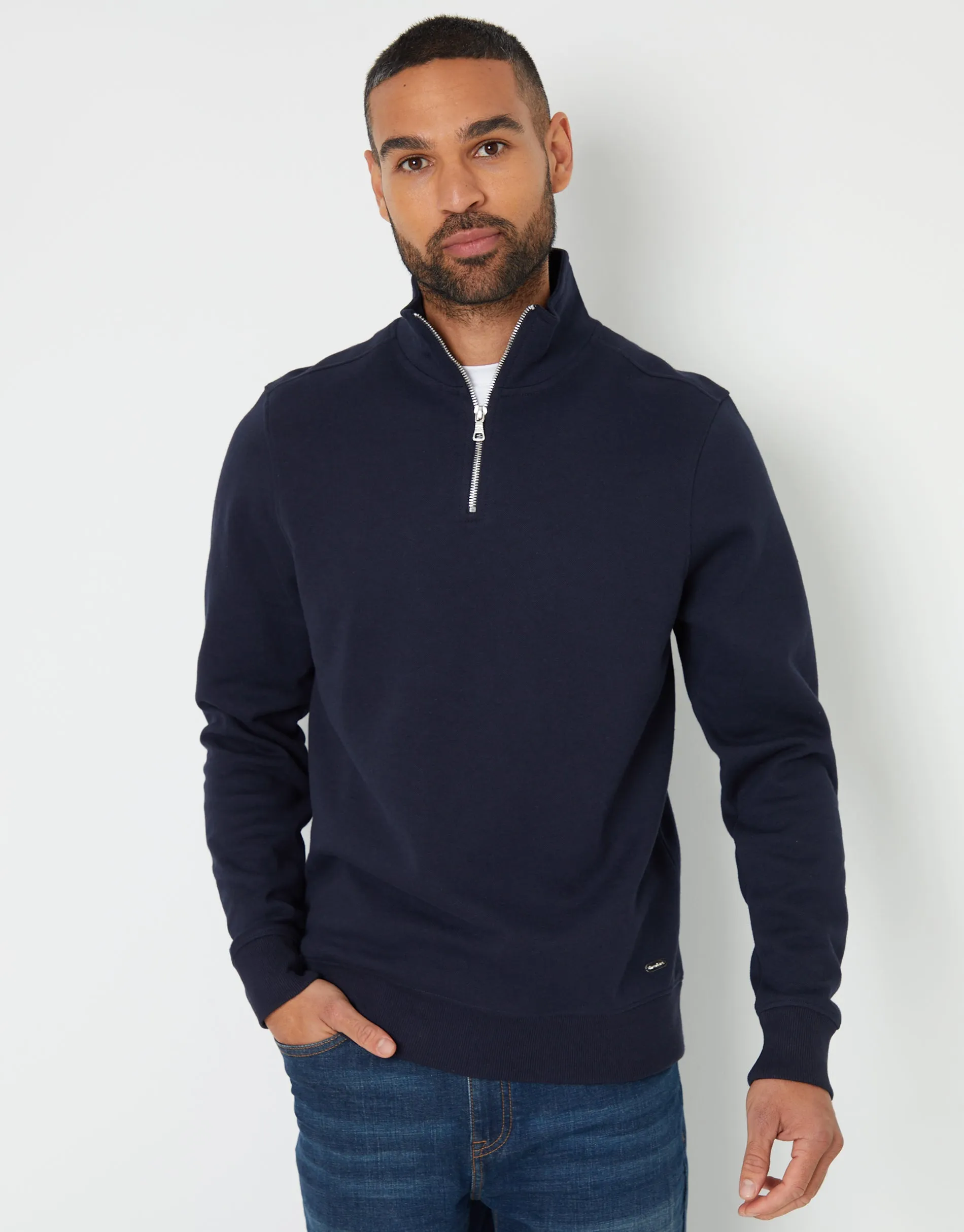 Navy Pique Quarter Zip Funnel Neck Sweatshirt sold by Threadbare